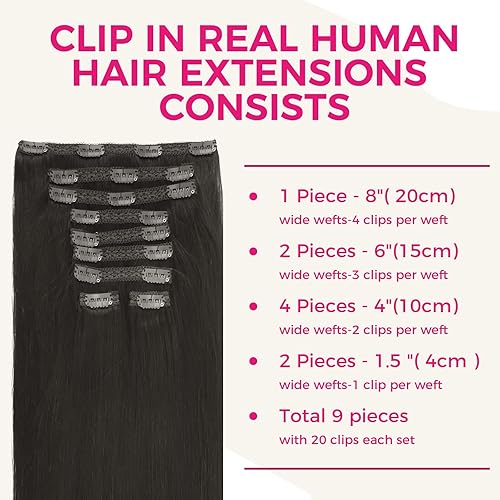 Miniatura 2 de Extensiones de cabello con clip, de 14 pulgadas, 9 unidades, 5.23 onzas, color negro natural, extensiones de cabello humano real grueso y liso para