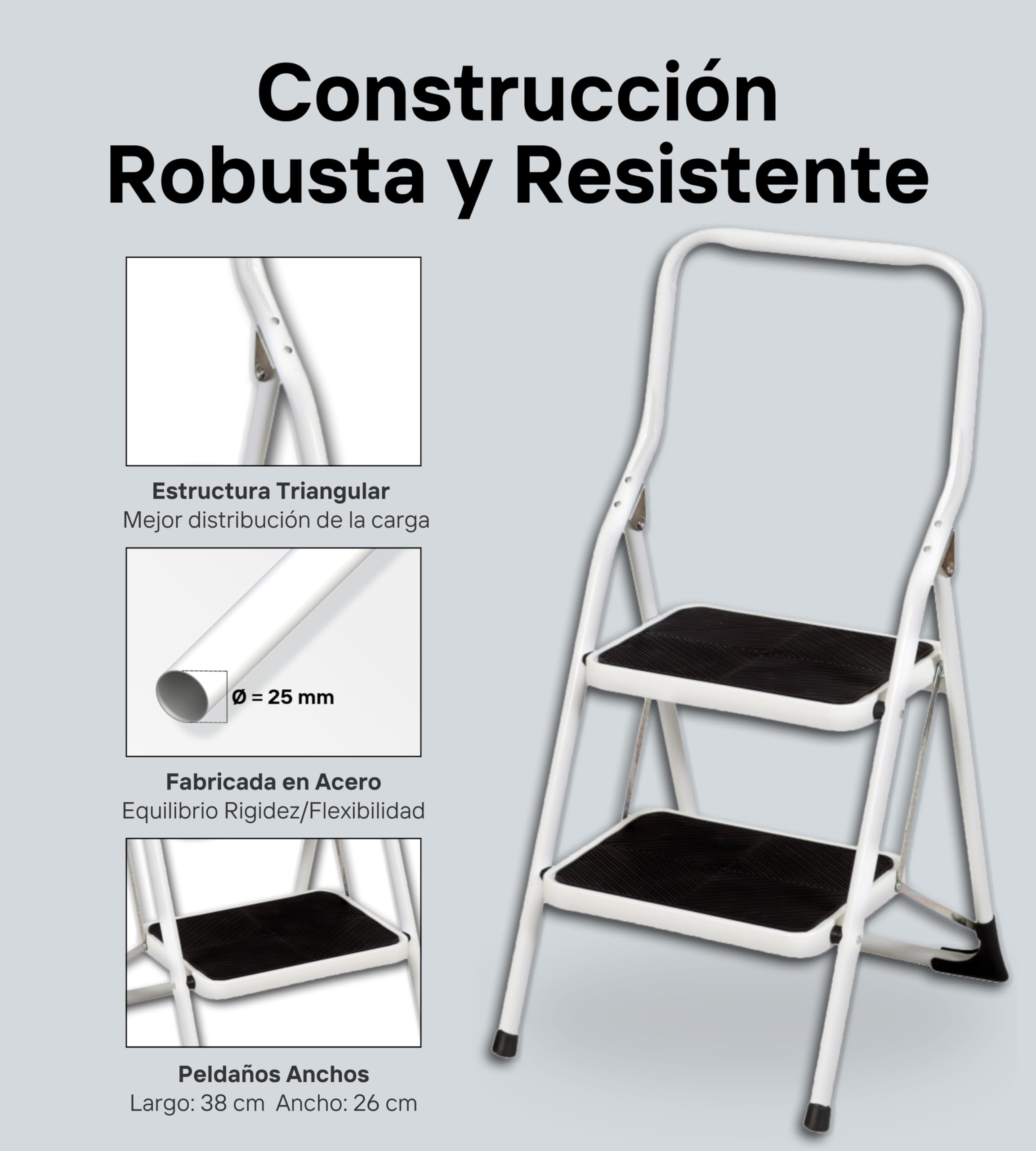 Escalera Plegable de Acero 2 Peldaños Extra Anchos - Fabricado en Europa - 2 Brochas de Regalo | Seguridad Mejorada, Antideslizante, Robusta, Fácil Almacenamiento