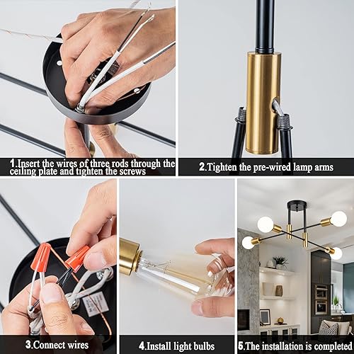 Miniatura 30 de Sputnik Candelabros, lámpara de techo moderna semiempotrada con base E26, lámparas industriales de mediados de siglo para cocina, granja, Negro