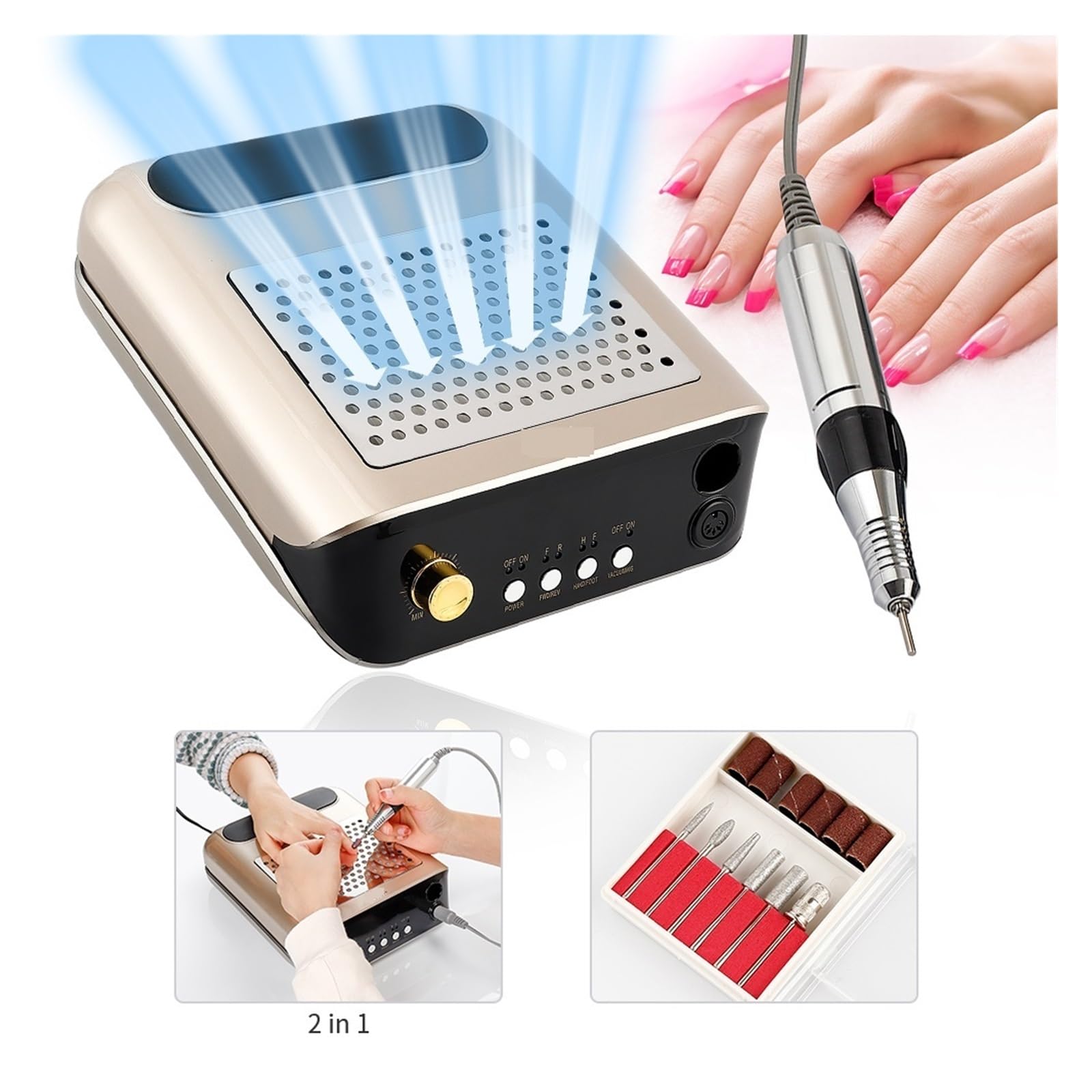 Limpiador recolector de polvo uñas 2 en 1, 65W, taladro eléctrico 2500RPM, máquina manicura, Kit brocas, herramientas decoración Para salón o en casa