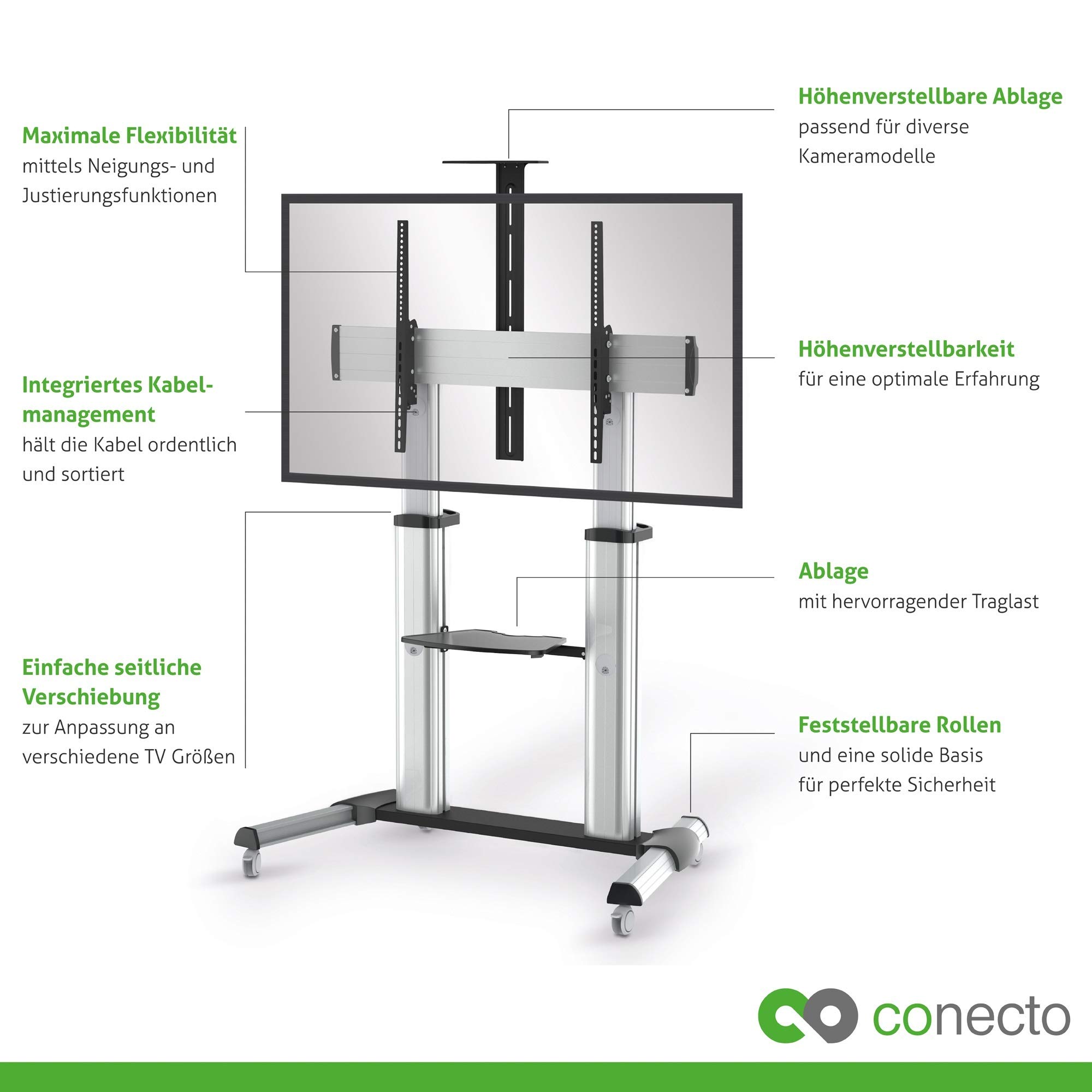 conecto TV Ständer Standfuß rollbar 55-100 Zoll für viele Fernseher/Monitore I Mit Rollen höhenverstellbar/schwenkbar I Modell LM-FS03G