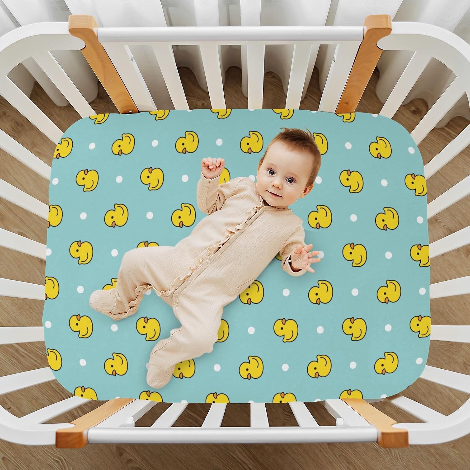 Cute Duck Crib Sheets Yellow Rubber Ducks Design Mattress Cover Funny Colorful Dots Blue Unisex Toddler Baby Bed Sheets Fitted Standard Crib Sheets for Boys Girl 28x52 Inch