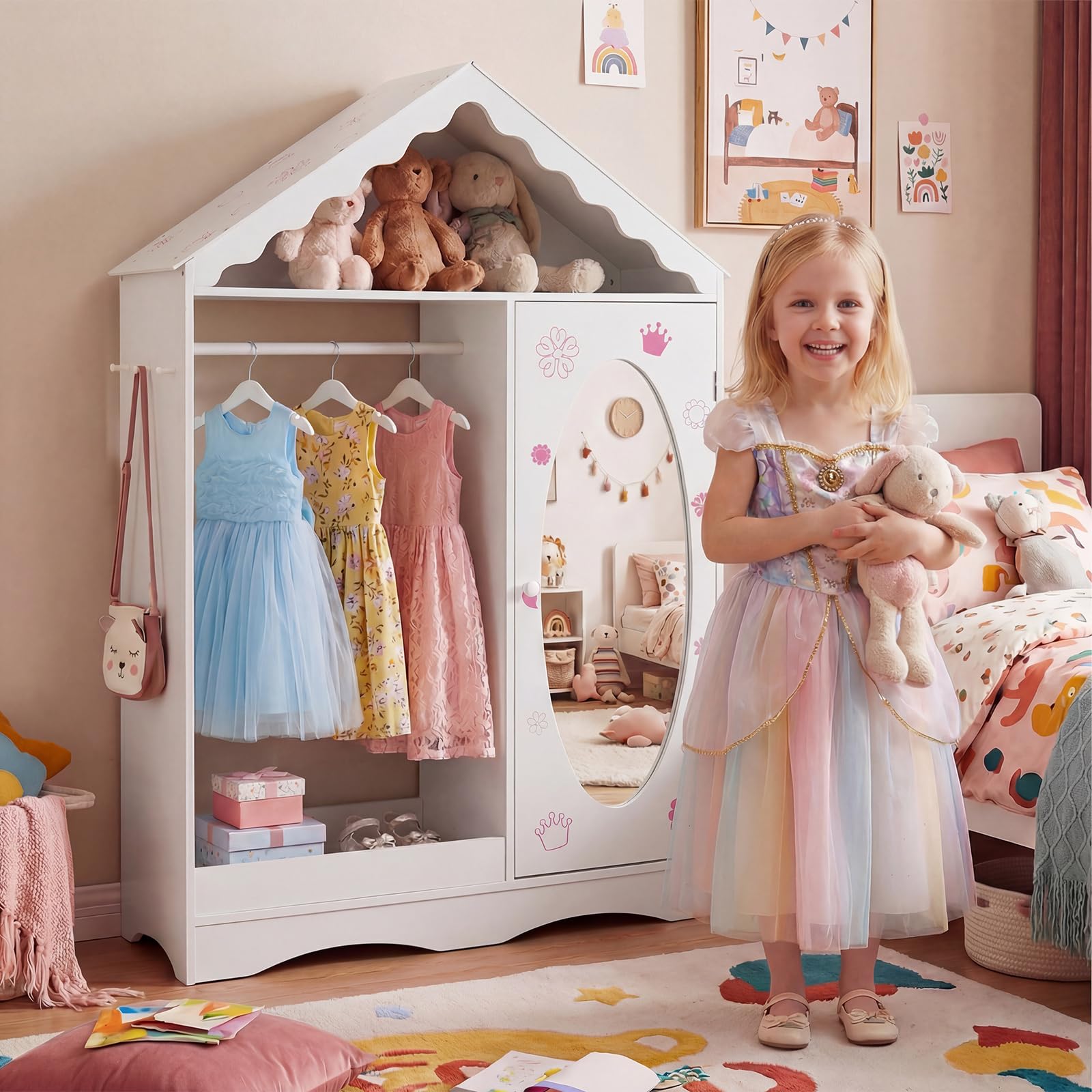 COSTWAY Kinder Kleiderschrank in Hausform, Kindergarderobe mit Spiegel, Kleiderstange, Regalen & Haken, Kinder Kleiderschrank für Kinderzimmer, Kleiderständer für Mädchen ab 3 Jahren (Weiß)