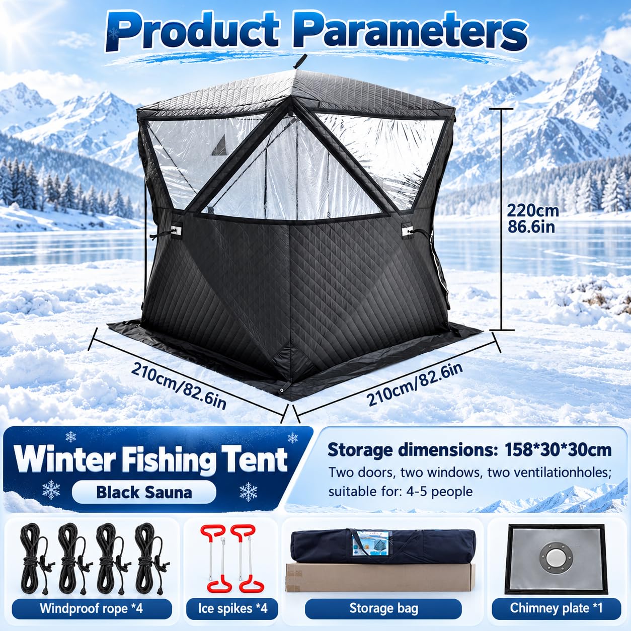 Tenda Sauna da Esterno, Riparo Isolato per Pesca sul Ghiaccio 3-5 Persone 1.8mBlack