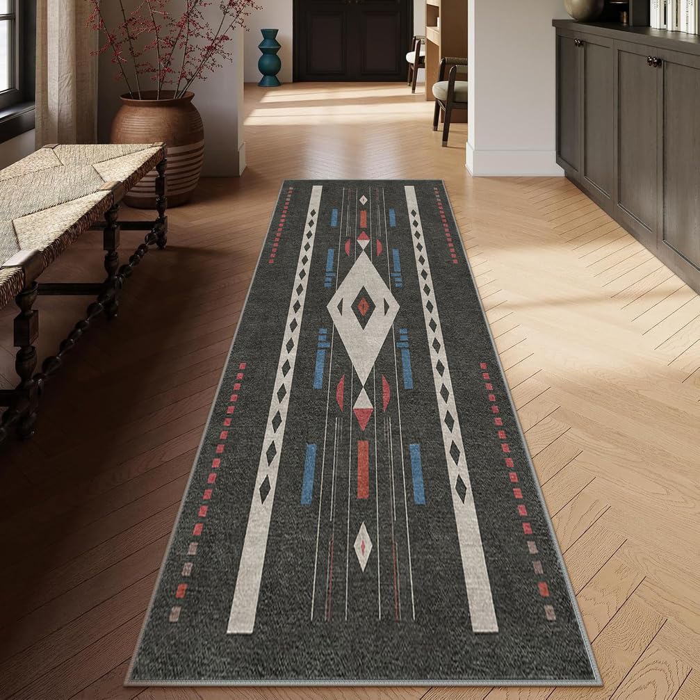 Tappeto Passatoia Antiscivolo 1.8 Metri, Tappeto lavabile per cucina, Tappeto Corridoio Interno Lungo per Ingresso Cucina Camera da Letto Casa，90 x 180 cm,Nero，Motivo Geometrico Moderno