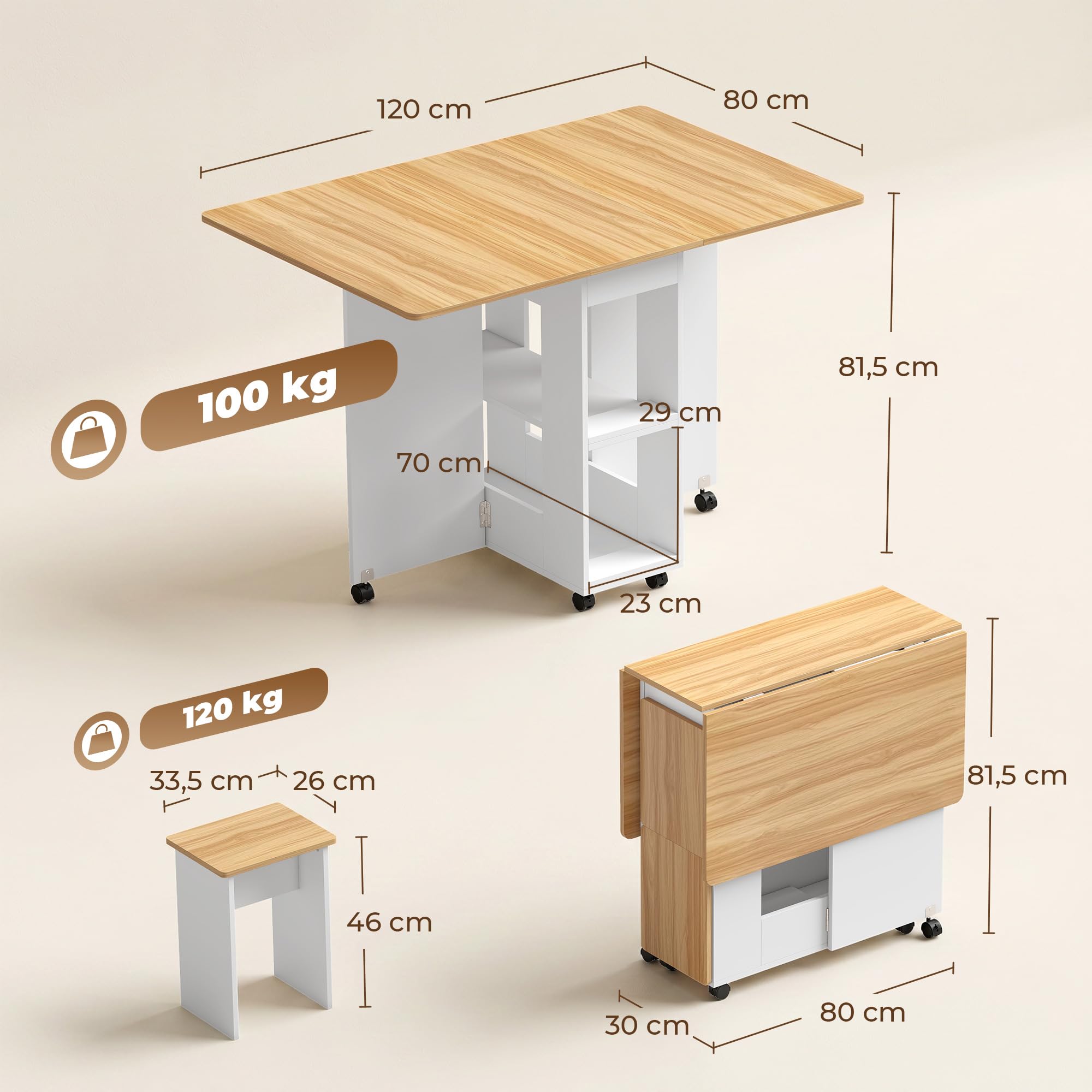 HOMCOM Conjunto Mesa y 4 Sillas de Comedor para 4 Personas Roble | Mesa de Comedor Plegable con Taburetes Ocultos, 2 Alas Abatibles, Ruedas, Estantes, Ahorro de Espacio