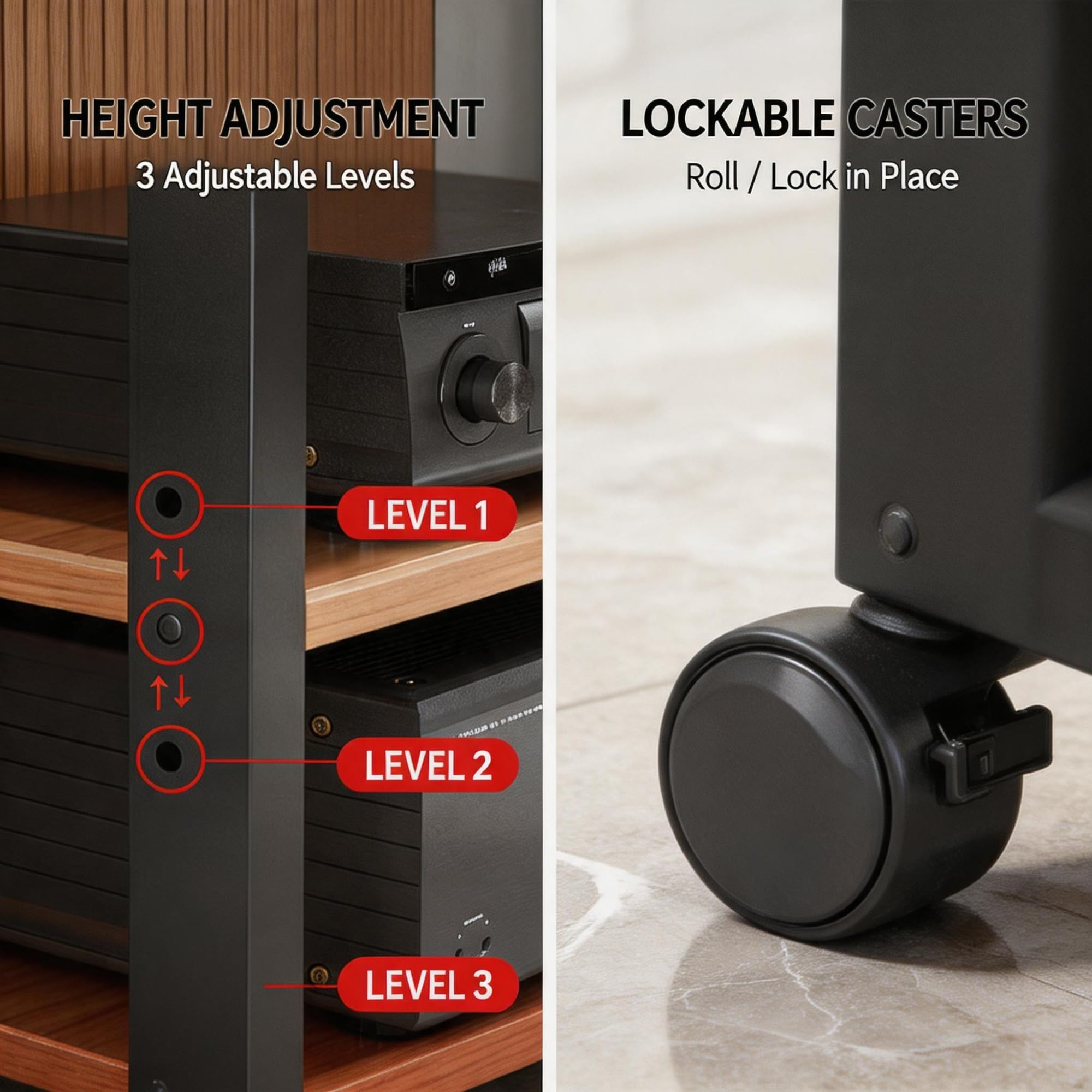 Supporto multimediale AV a 3/4/5 livelli, armadio componente audio/video, mensola angolare in legno mobile, torre audio e centro multimediale per casa/ufficio/DJ/teatro, 4 colori (rilievo nero, 4