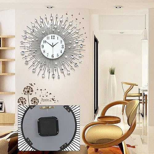 QIZHI Reloj de pared con espejo de cristal redondo, carcasa de metal, moderno, de lujo, grande, redondo, de diamante, espejo de cristal, reloj de