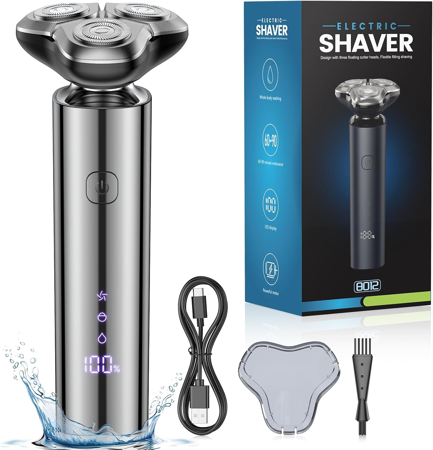 Electric Razor for Men,Electric Shavers for Men,3-Blade Rotary Shaving System,Waterproof Wet Dry Cordless Razor,Touch Switch,Type-C Fast Charging,Travel Lock,Digital Display,90+ Minutes Run Time