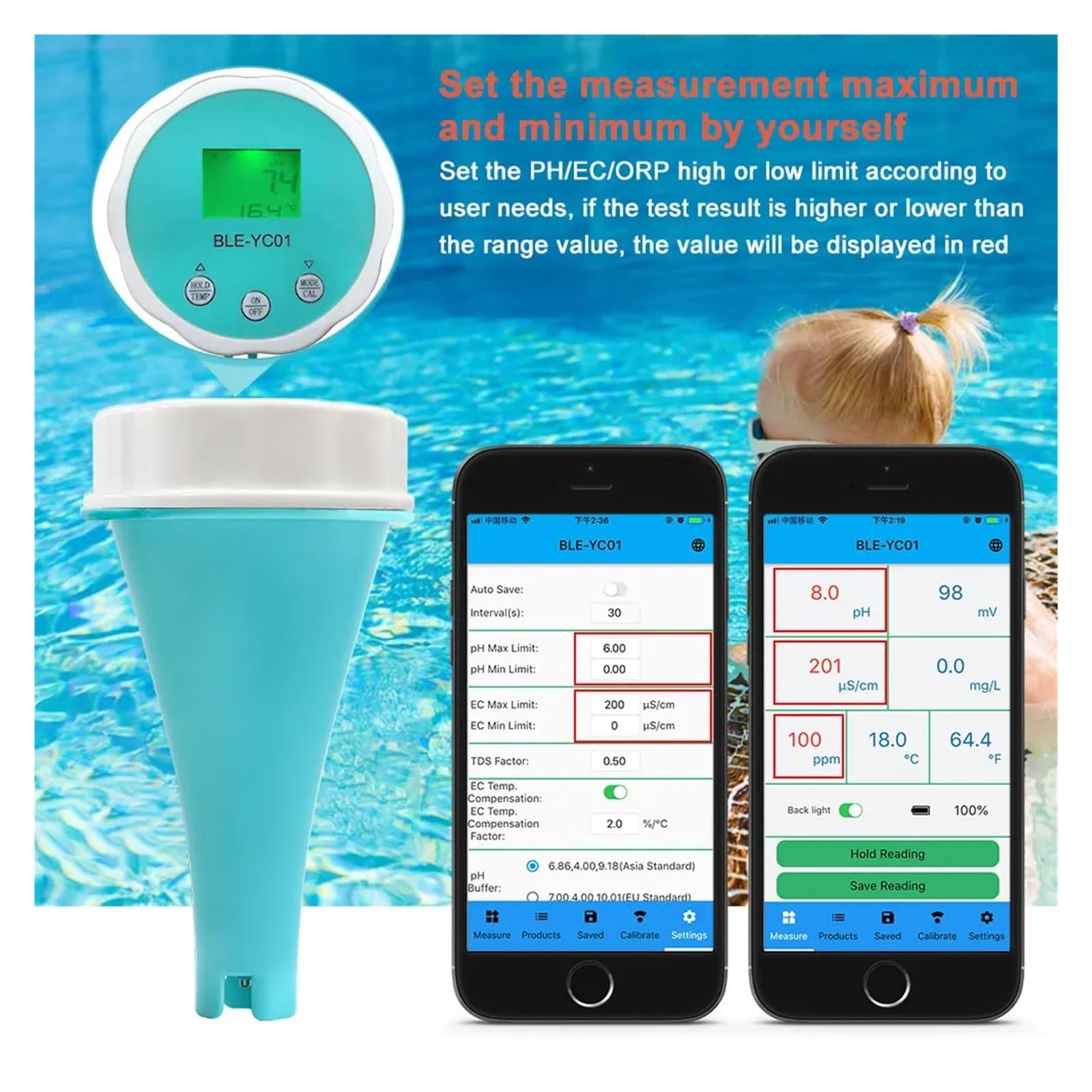 Tester ph wody, 6 w 1 inteligentny pływający analizator wody basenowej PH CL TDS EC ORP TEMP Tester APP Monitor online ści, do wody pitnej, akwariów itp