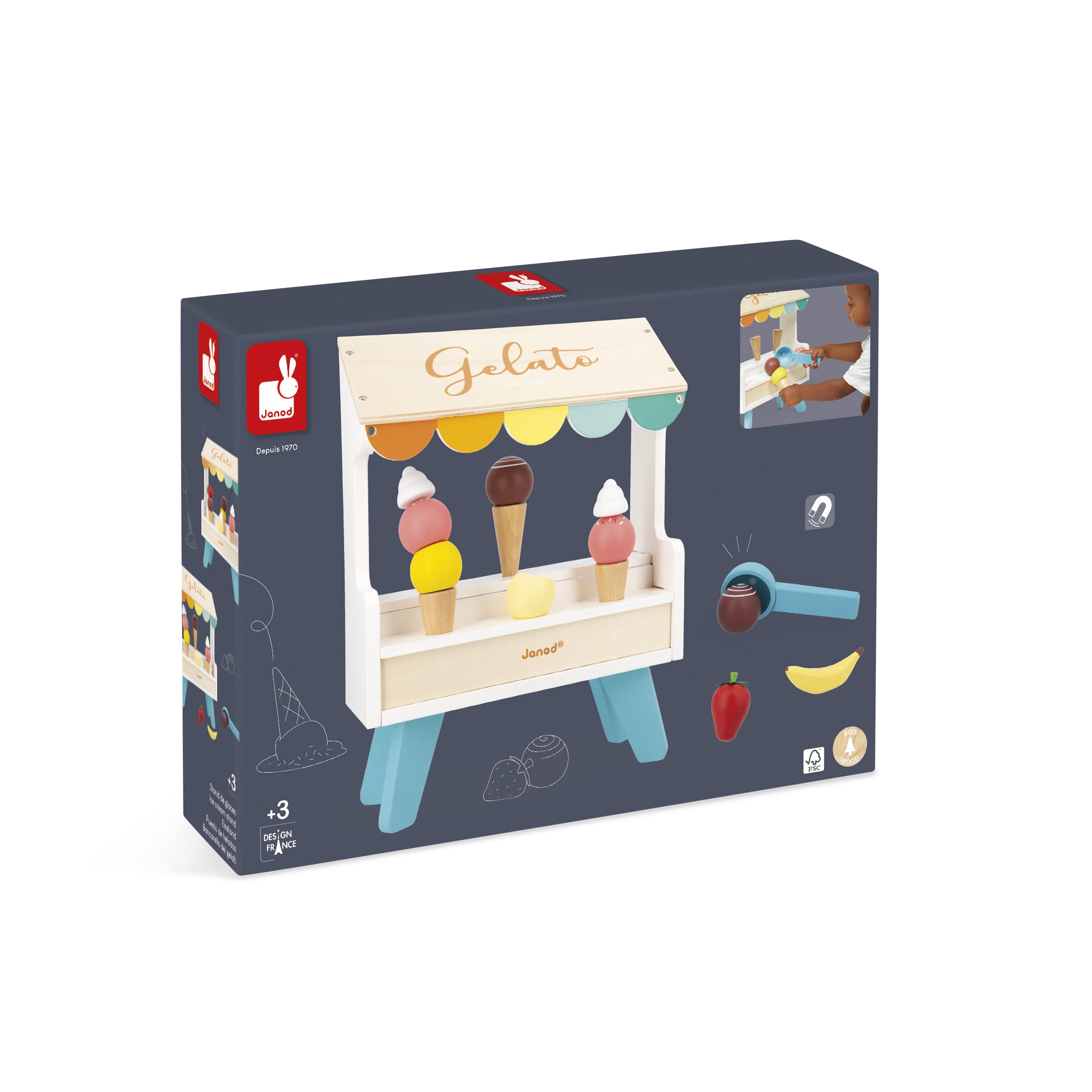 Janod - Puesto de Helados de Madera - 14 Accesorios Magnéticos - Juego de Imitación - Juguete de Madera FSC - A Partir de 3 Años, J06558