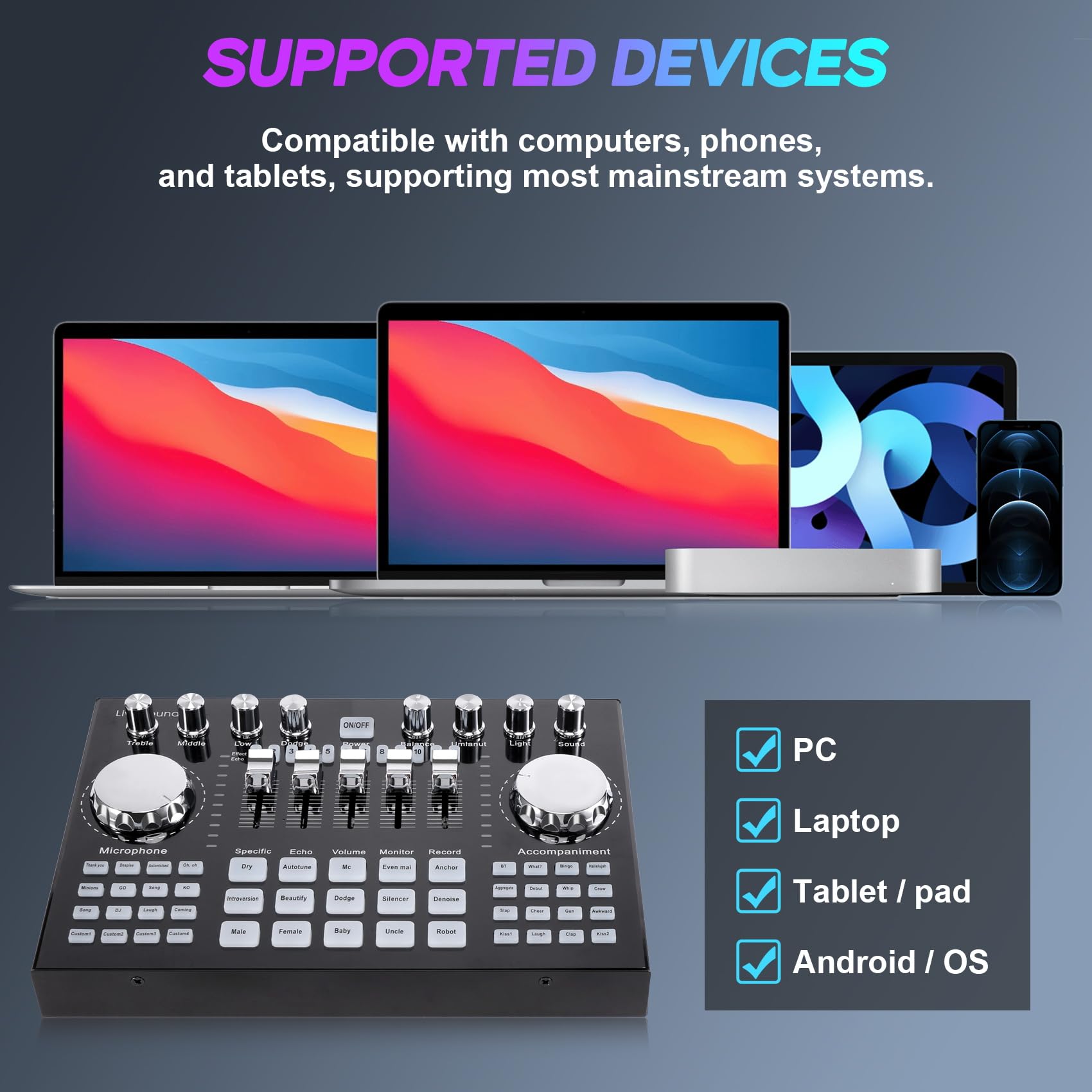 K1 Computer Phone Voice Changer HiFi Live Sound Card Mixer Board Streaming Audio Bluetooth 5.0 Universale