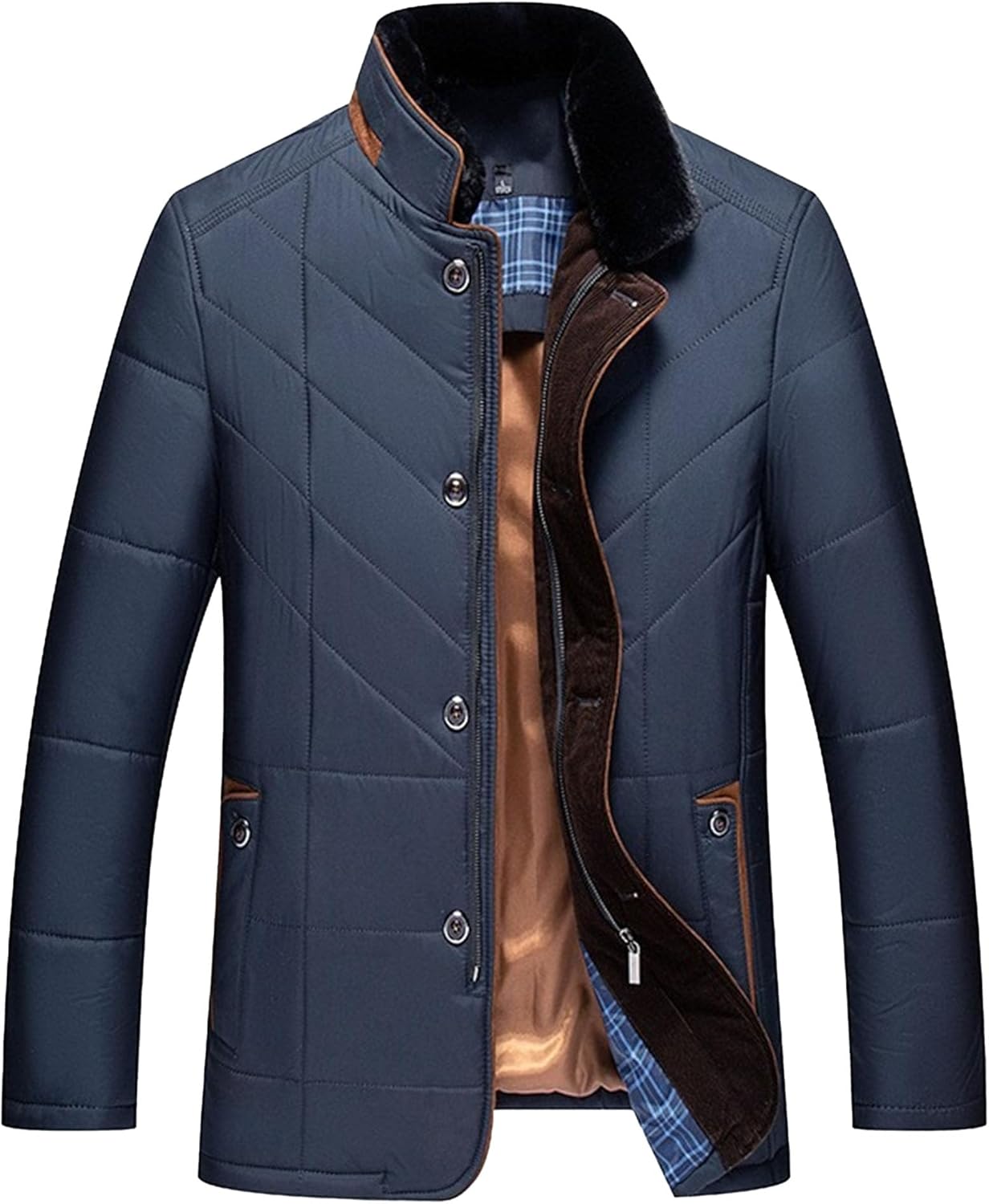 Mens Fur Collar Puffer Jacket Insulated Lined Warm Male Down Jacket Button Design Zip Up Windproof Puffy Coat