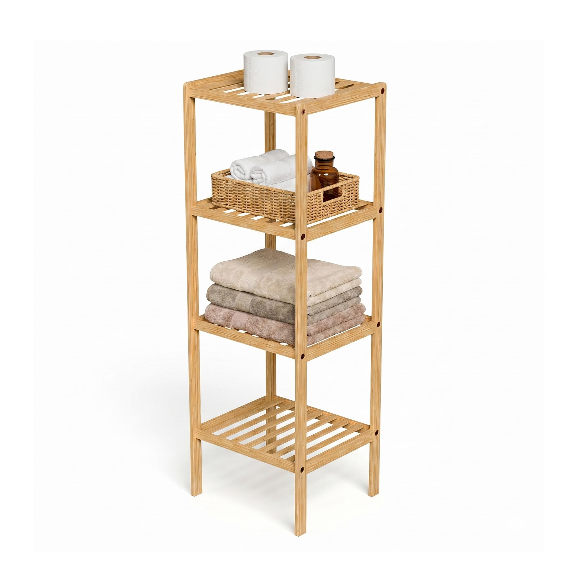 Amig - Estantería bambú para baño Mod. Bam - 4 Alturas - Fabricado en bambú - Diseño de Lamas - para Entrada, Sala de Estar, Cocina, Balcón - 37 x 33 x 110 cm