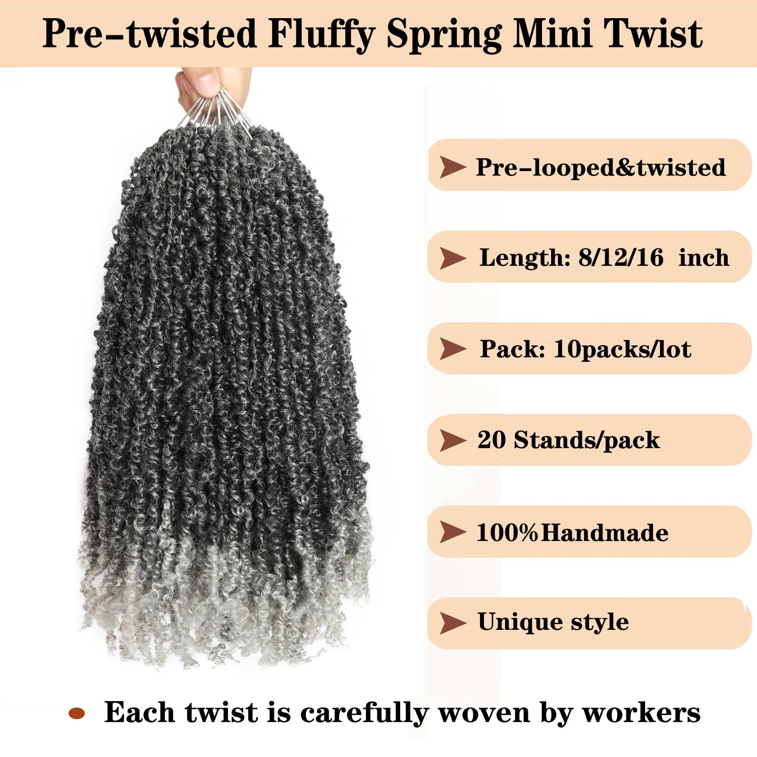 10 Packs Yanky Twist Crochet Hair 16 Inch Pre-twisted Natural Black Kinky Mini Spring Small Curly Senegalese Twist Braids Yankee (TGray((Ombre Gray) - Image 2