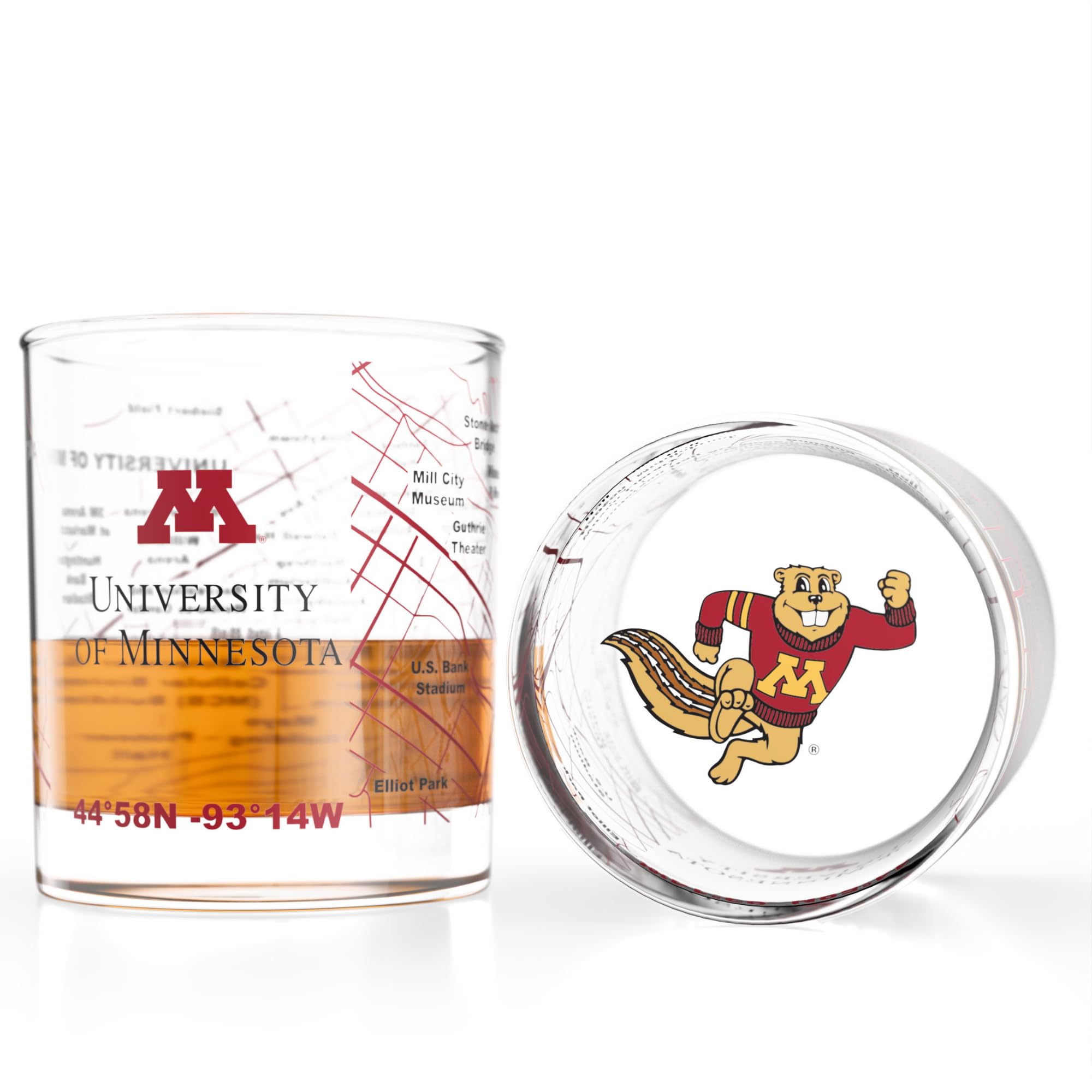 Greenline Goods University of Minnesota Golden Gophers Whiskey Glasses Set of 2, 10 oz Rocks Glasses with Full-Color Logo &amp; Campus Map – Officially Licensed Bourbon Glass Gift for Alumni &amp; Fans