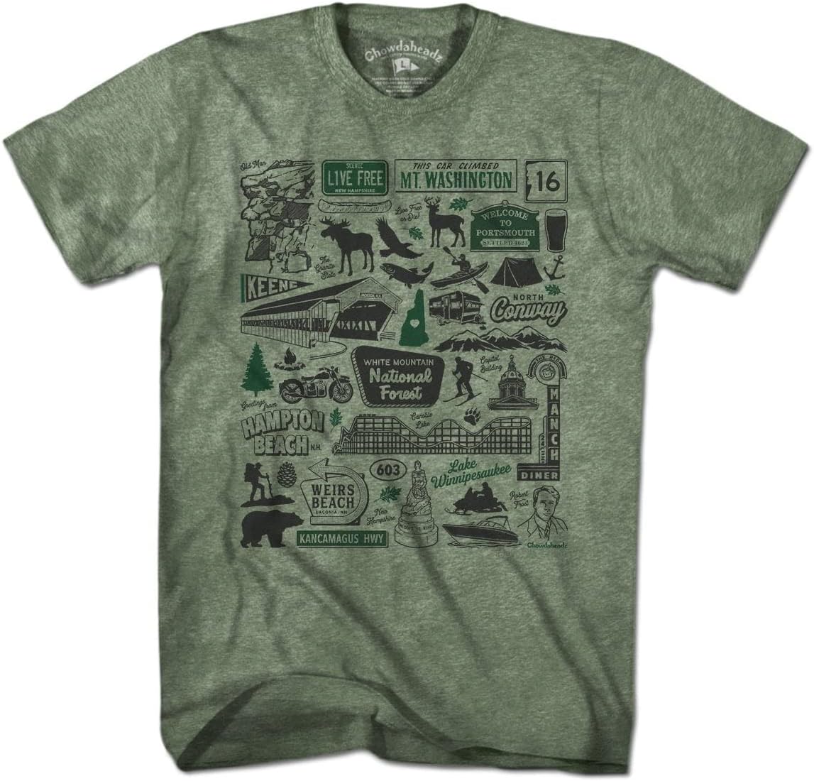 Chowdaheadz New Hampshire Tourist Attraction T-Shirt - Unisex Vintage Tee Soft Cotton Blend
