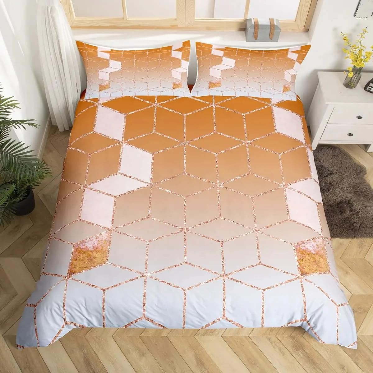 Housse de couette moderne en marbre jaune et lignes dorées pour chambre chic