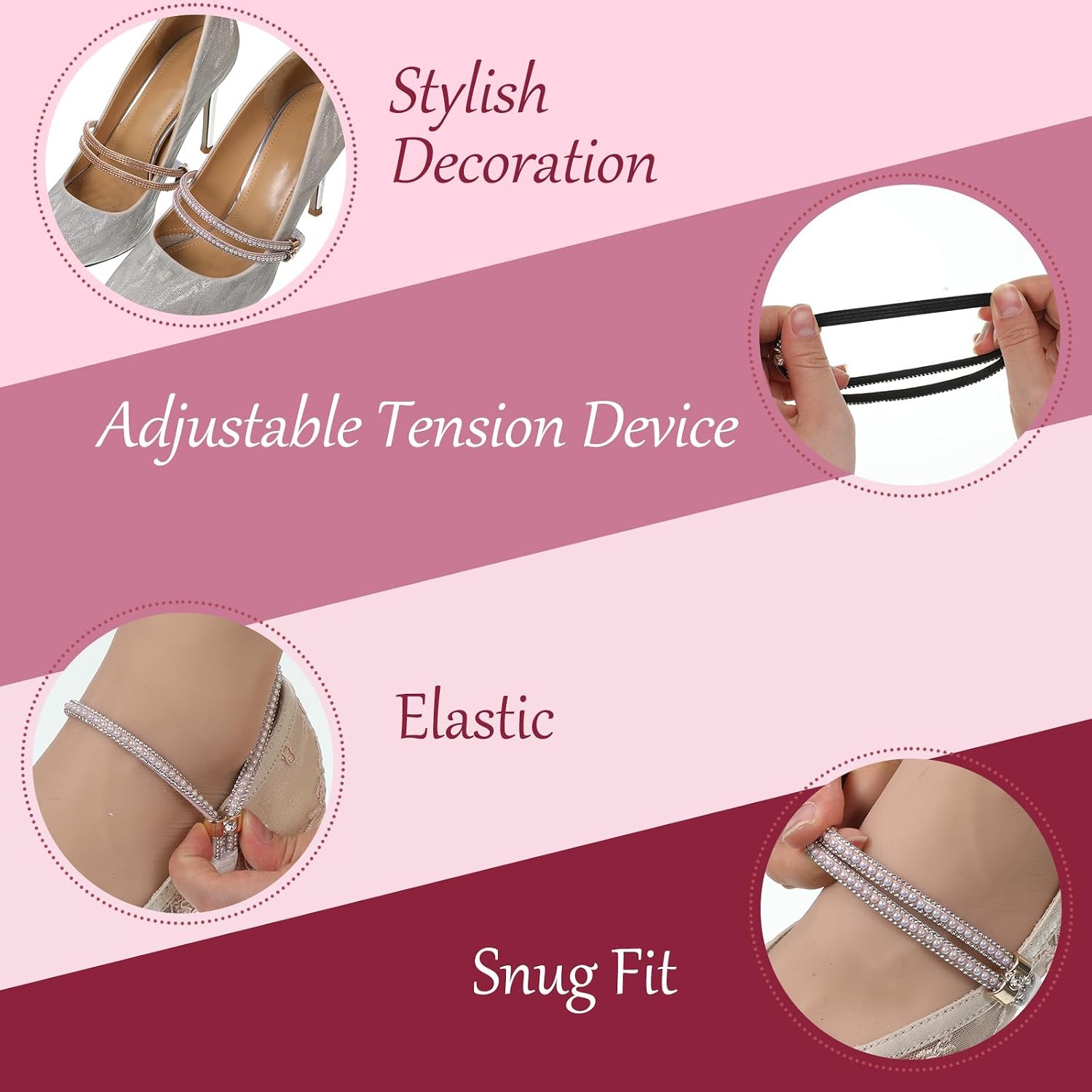 6 Pairs Shoe Straps for Heels, Adjustable Rhinestone Shoe Lace Elastic High Heels Shoes Strap Extender Detachable Shoes Belt Replacement Ankle Straps for Heel Daily Wear Office Weddings