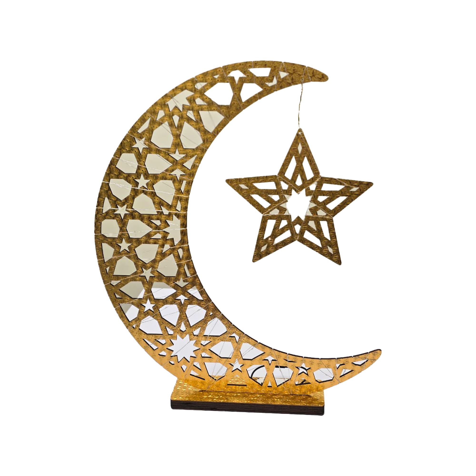 YU WELL Ramadan Décor Table Top Centerpiece with LED Fairy Lights Gold Wooden Crescent Moon Ramadan Decoration Light for Home, Office & Shop Elegant Islamic Desk Moon for Eid Gifts (65CM)