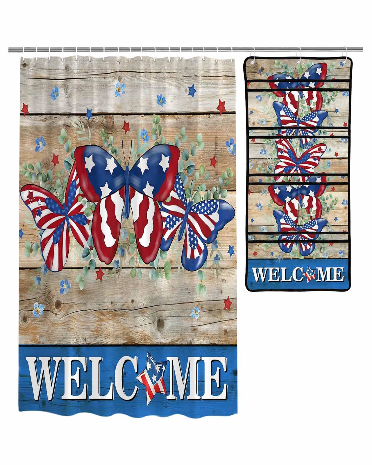 TocaHome Decorative Shower Curtain Sets Independence Day Watercolor Butterfly Eucalyptus Leaves Wood Grain Fabric Shower Curtains Mesh Shower