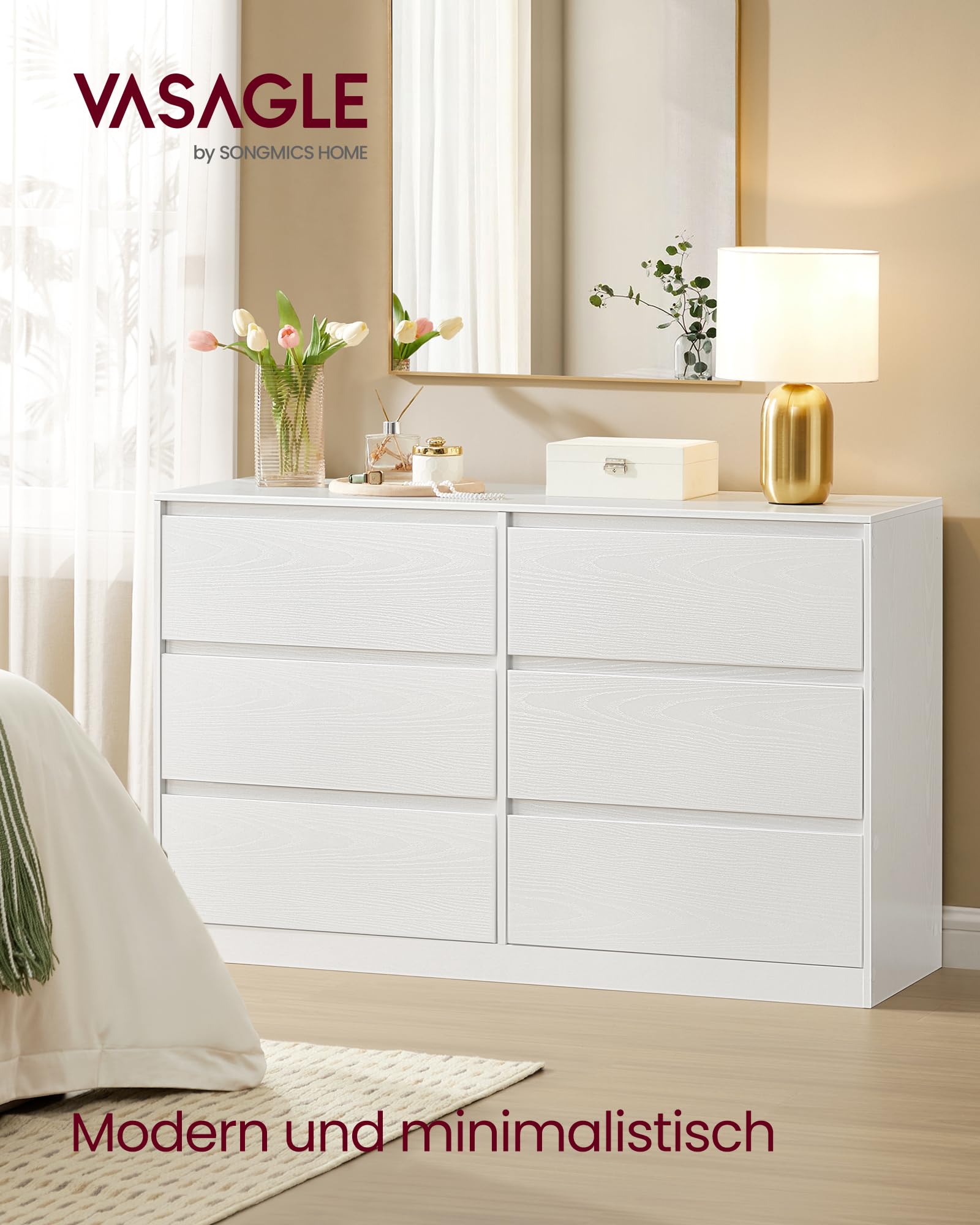 VASAGLE Kommode mit 6 Schubladen, Komodenschrank, Schubladenschrank, Wäschekommode, für Schlafzimmer, 40 x 119,4 x 75 cm, Modern Kailyn Kollektion, schneeweiß LTS616W01