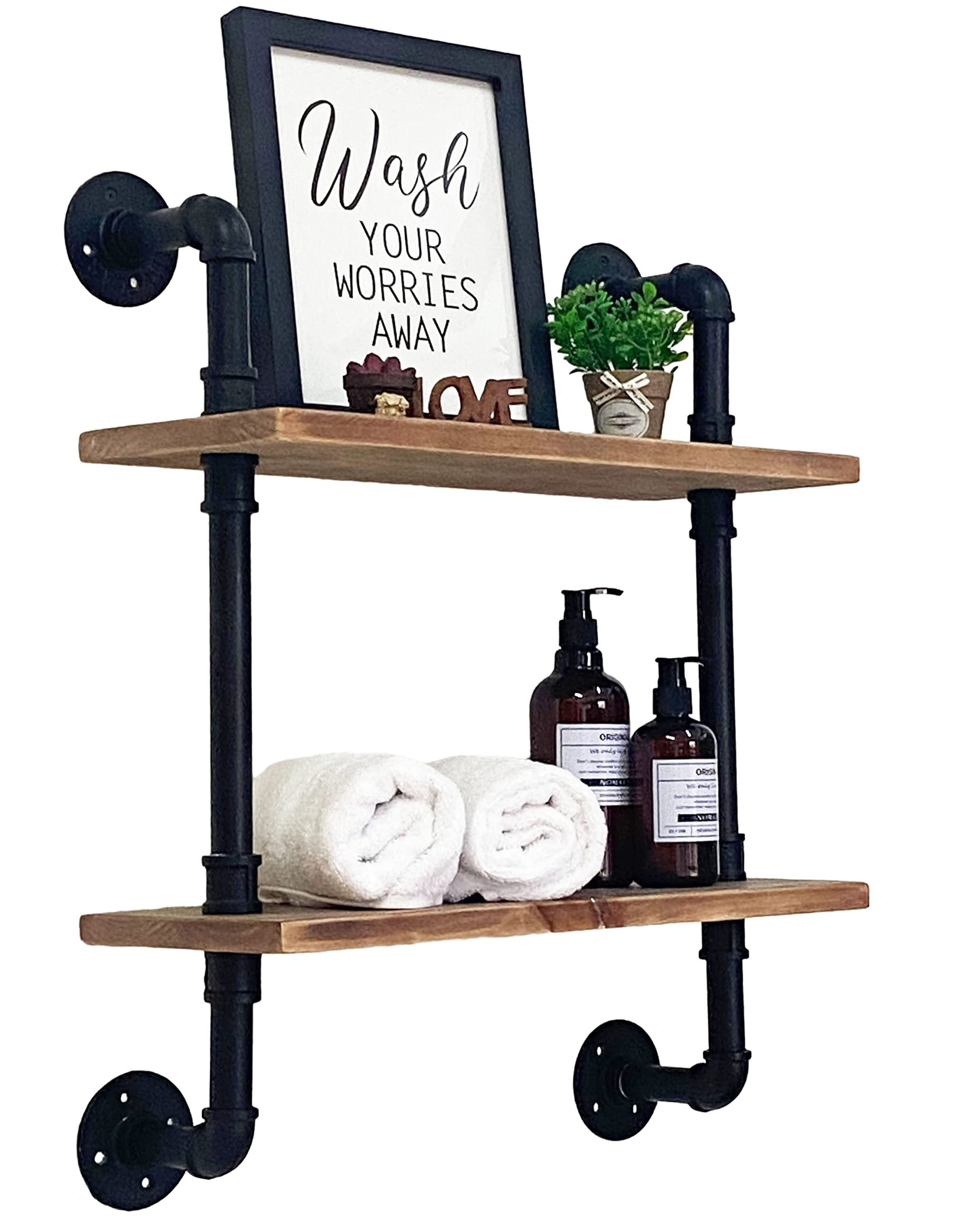 ROGMARS Industrial Pipe Floating Bathroom Shelves Rustic Wood Ladder Bookshelf Wall Mounted Rustic Wood Shelf for Living Room Decor and Storage 15 inch (2 Tier)