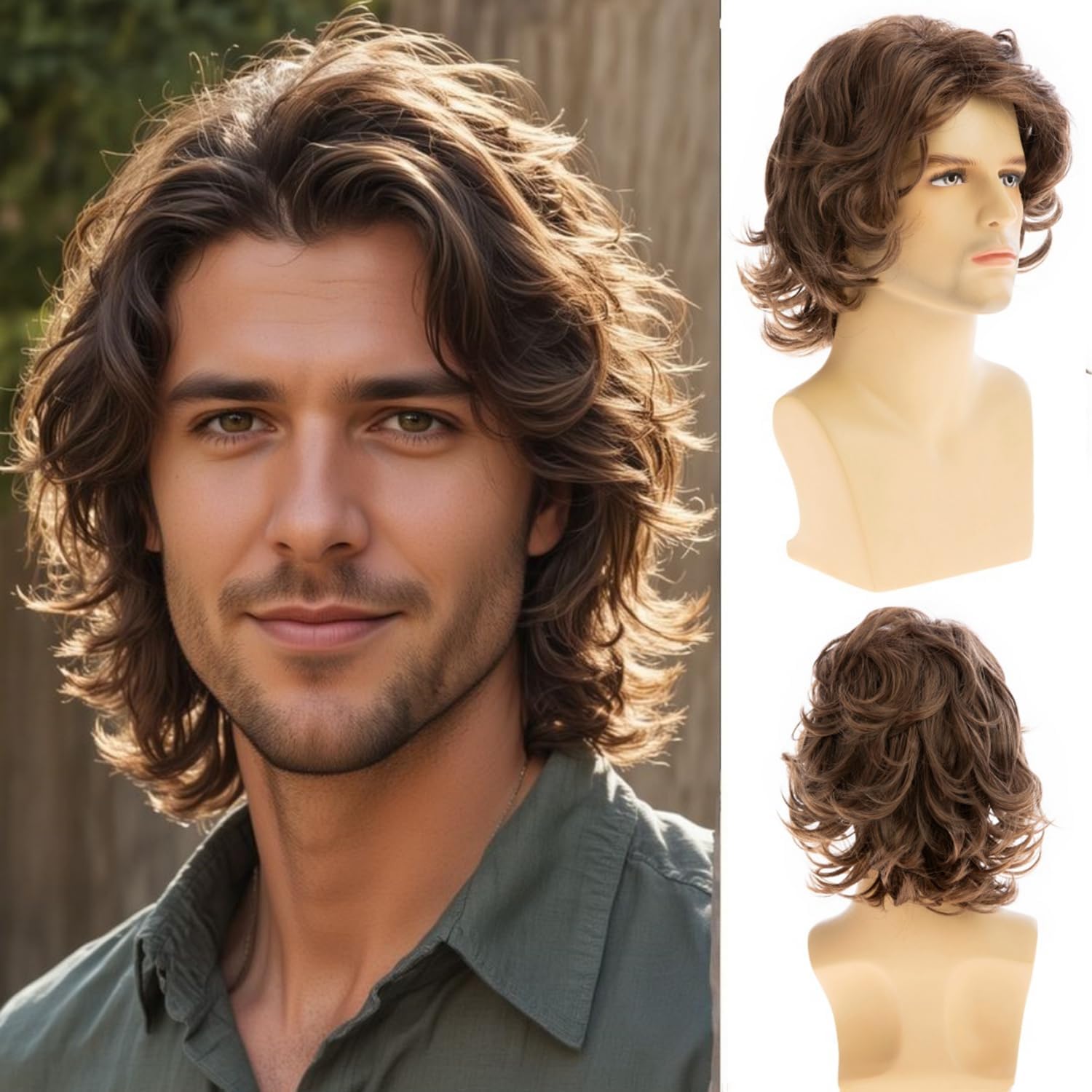 Qnbiar Long Wavy Brown Wig for Men Natural Layered Fluffy Synthetic Heat Resistant Halloween Cospaly Wig, Brown-A