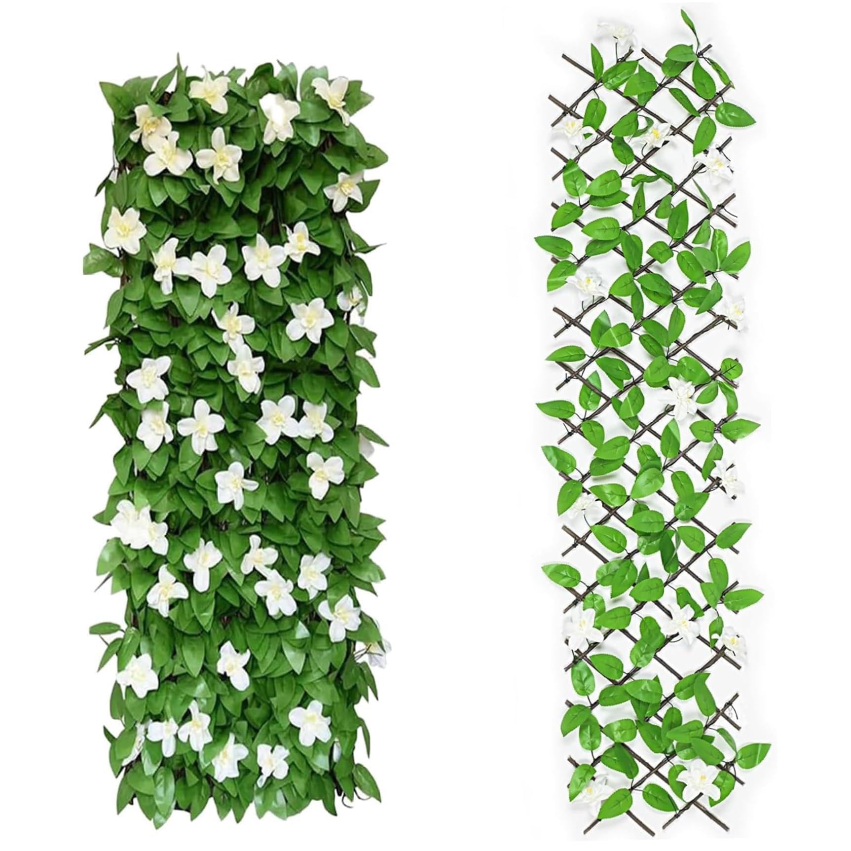 Veesper 2Pcs Expandable Fence Privacy Screen, Artificial Ivy with Flower, 79x7 Inch Wooden Lattice Panels for Outside Balcony Patio Porch Backyard Garden..