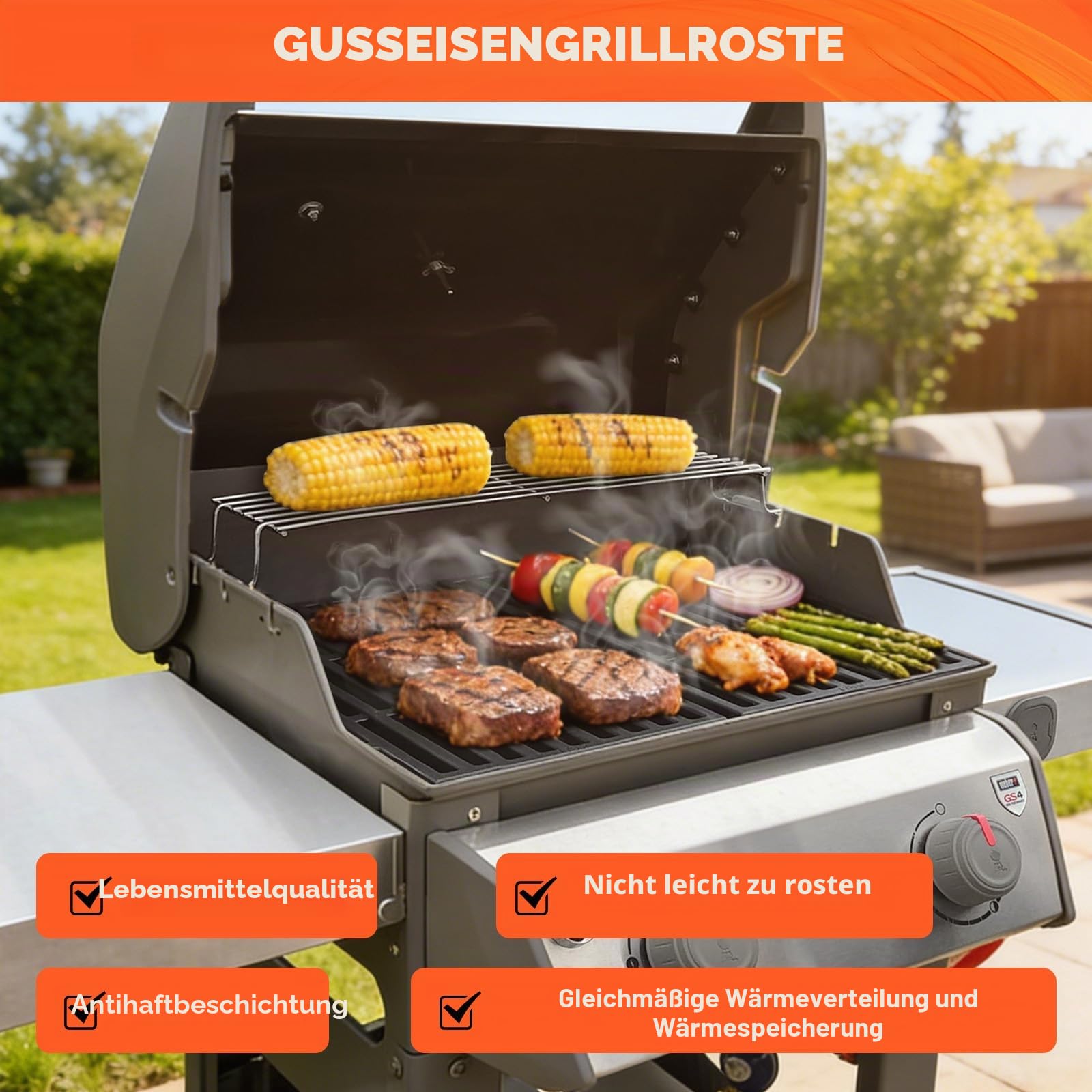 QuliMetal 7637 Grillroste für Weber Spirit E210, E220, S210, S215 mit Frontbedienung, Ersatzteile für Weber Spirit 200 und GS4 Spirit II E210, Spirit II E220, 44,5 x 25,9 cm, 2er-Set
