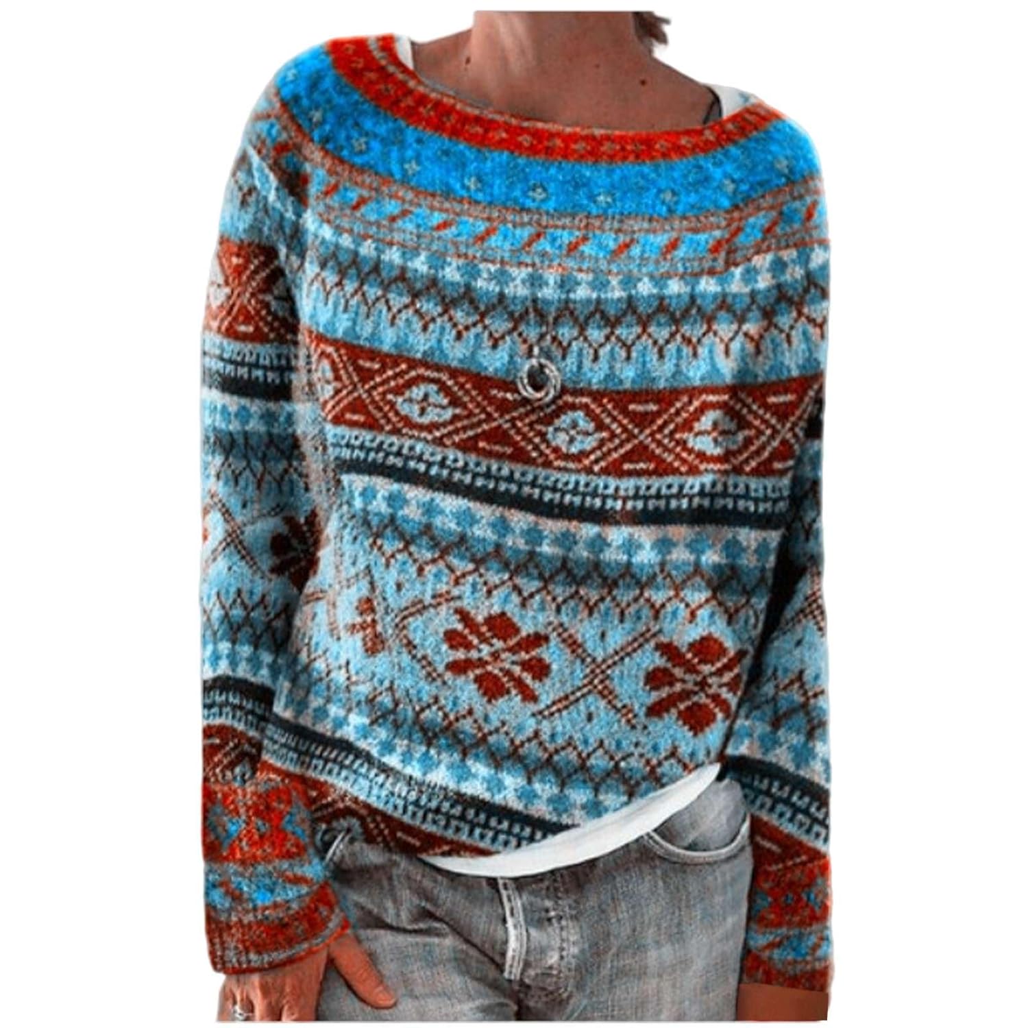 Womens Fair Isle Sweater Vintage Valentines Casual Lightweight Crew Neck Knit Jumper Iceland Norway Fall Tops