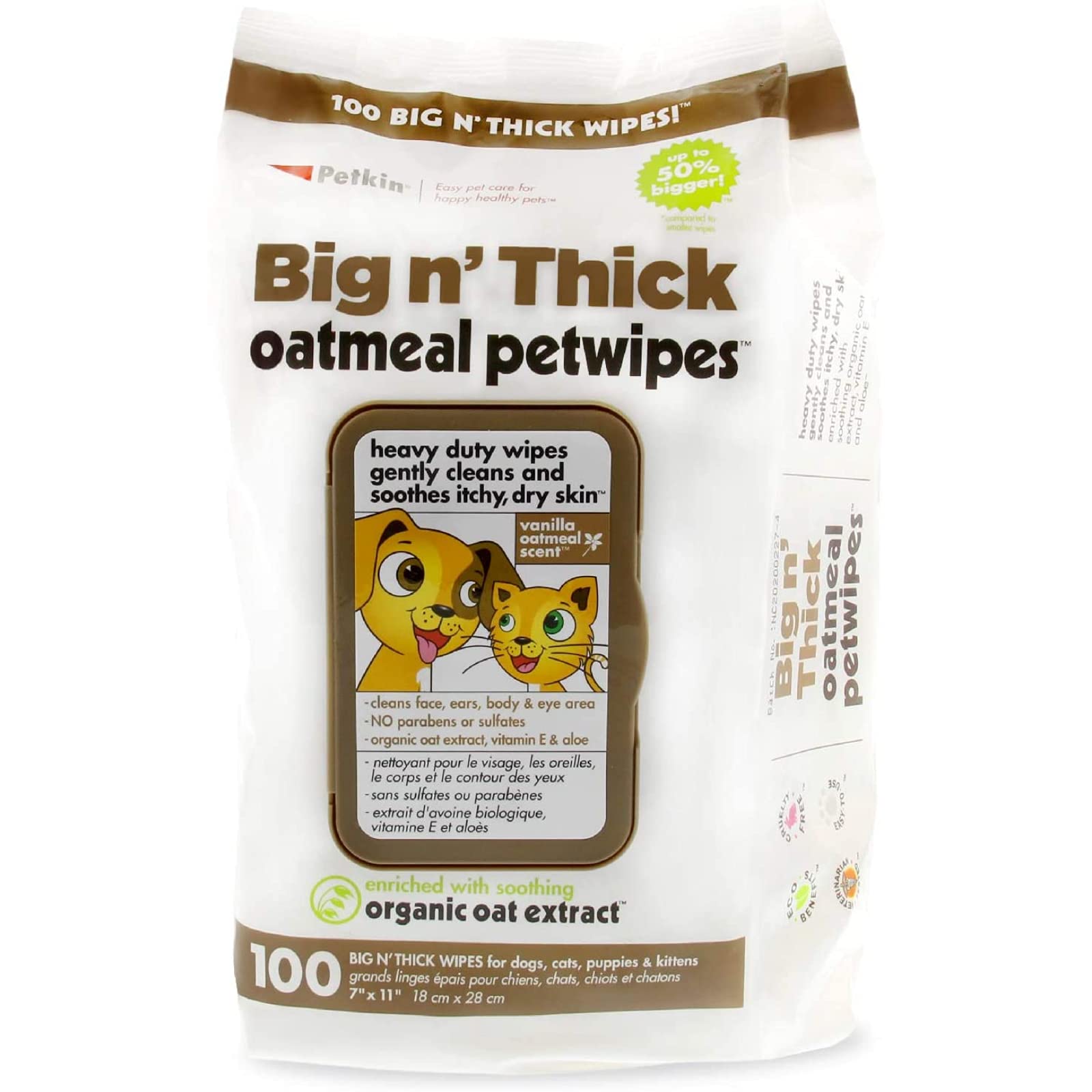 Big N' Thick Oatmeal Pet Wipes for Dogs and Cats, Wipes Away Daily Dirt and Odor, Cleans Face, Ears, Body and Eye Area, Super Convenient, Ideal for Home or Travel 100 Wipes