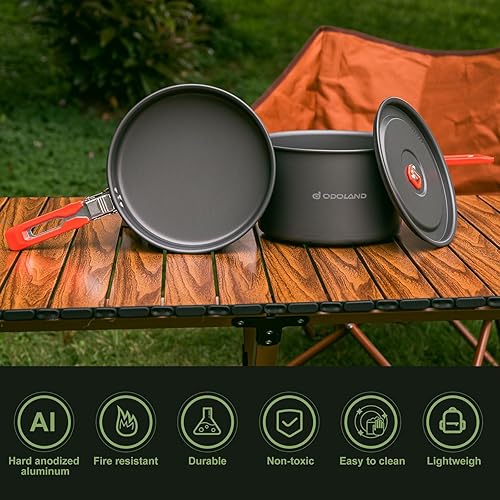Miniatura 6 de Odoland Kit de utensilios de cocina para camping, antiadherente, ligero, juego de ollas y sartenes con bolsa de malla para camping, mochileros,