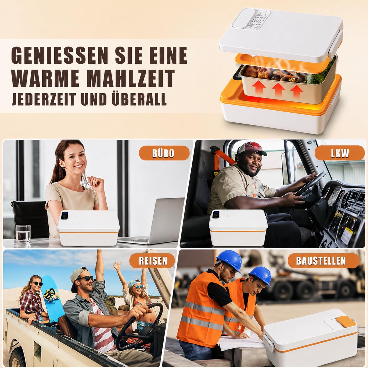 Elektrische Lunchbox Kabellos 1L mit Batterie 12000mAh, Beheizbare Brotdose Tragbar, Speisenwärmer Edelstahl mit Display & Timer, für Arbeit, Büro, Auto, Camping