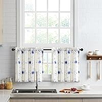 Vista 29 de VOGOL Cortinas bordadas de hojas, cenefas texturizadas de lino estilo rústico para ventana de cocina, patrón de hojas con bolsillo para barra