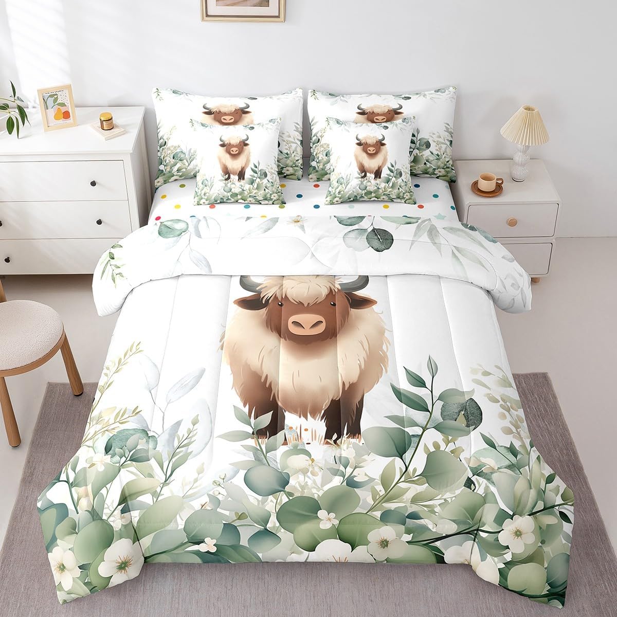 Erosebridal Cute Dachshund Bed in a Bag 7-Piece for Kids Child Green Eucalyptus Bedding Set, Pet Animal King Size Comforter Set Botanical Plant Leaves Bedding Comforter Sets, Cartoon Dog Bed Set