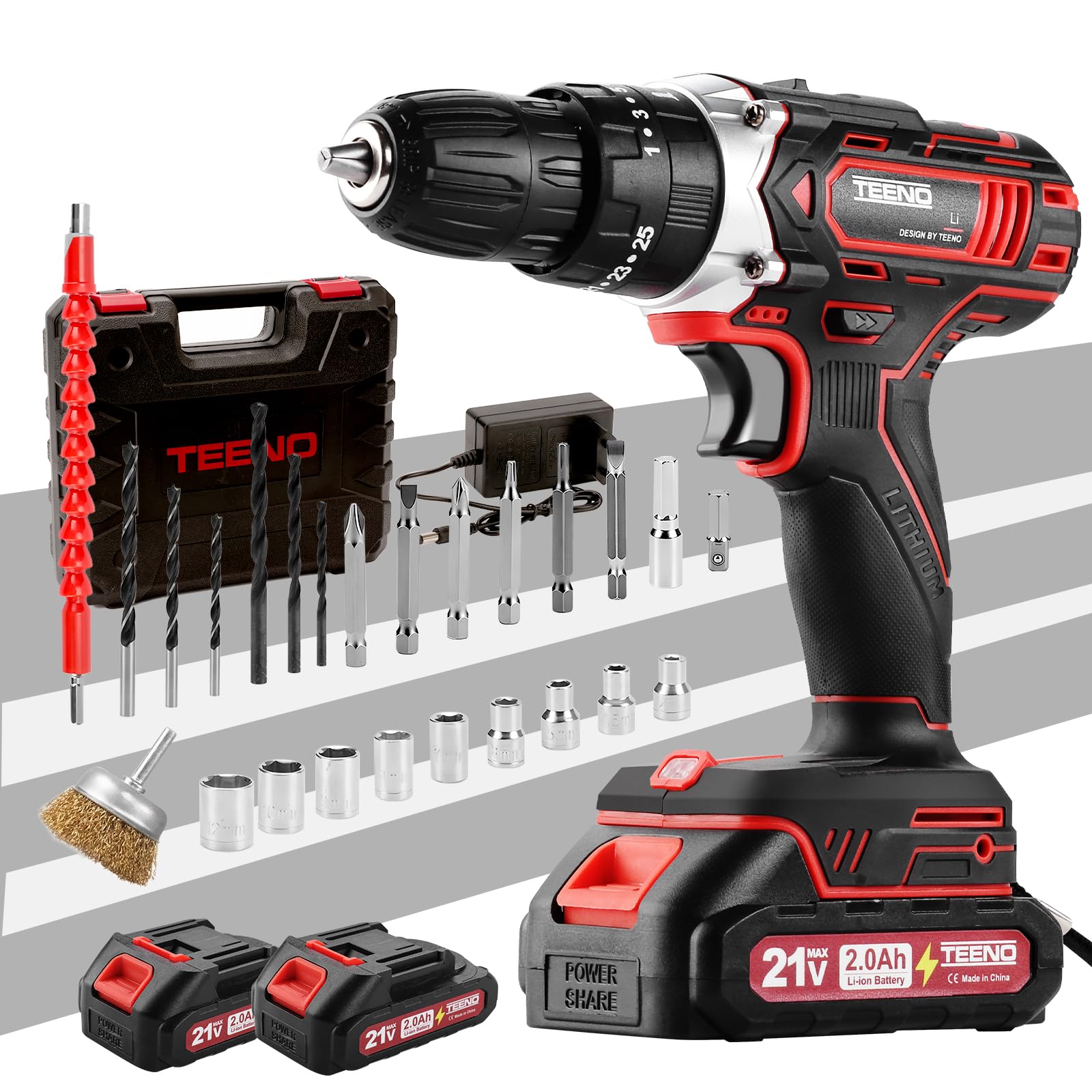 TEENO Taladro Atornillador Inalámbrico para Batería Makita de 21V 2 * 2,0 Ah Baterías,con Cepillo Antióxido de Metal, 45 Nm,25+1 Configuraciones de Par, 2 Velocidades, LED, 31 Accesorios y Maletín