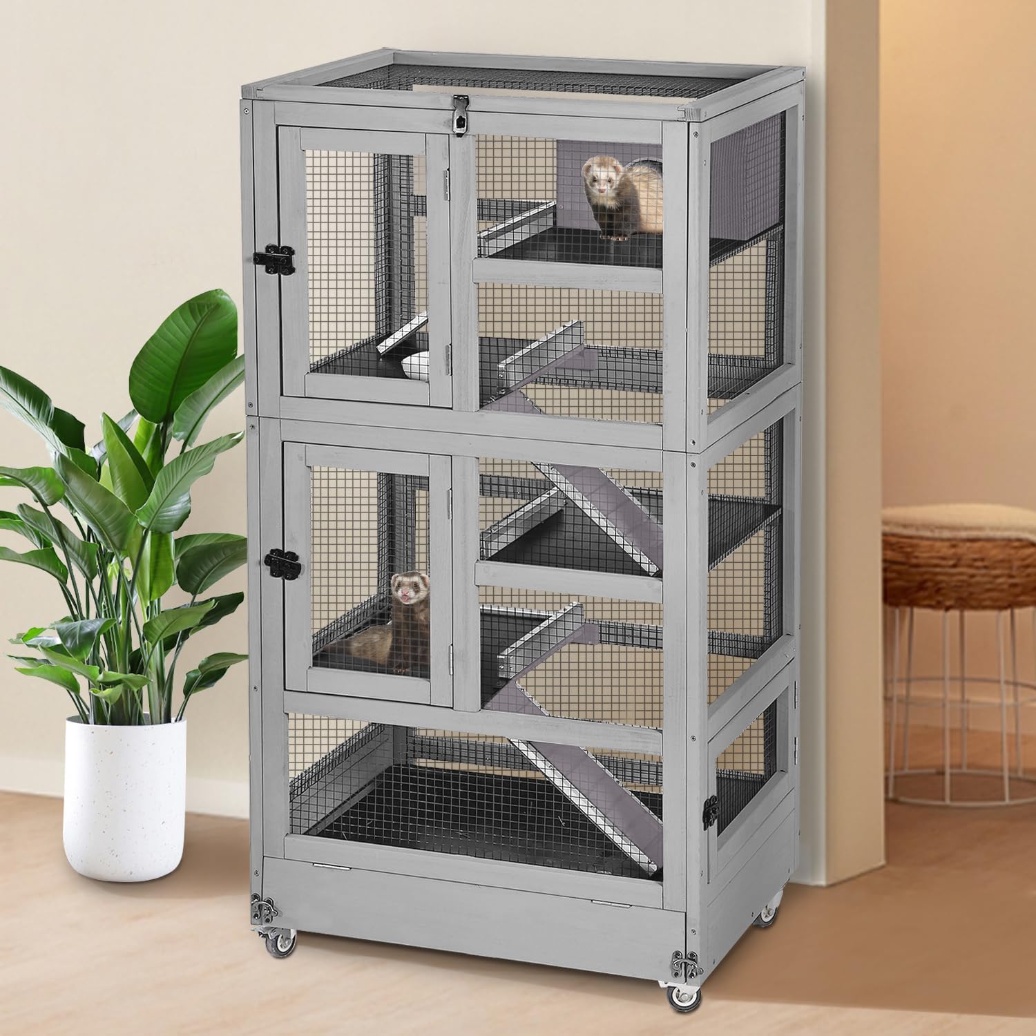 GUTINNEEN 5-Level Chew-Proof Ferret Cage with Durable Metal Enclosure, Portable Chinchilla Cages with Wheels for Ferrets, Guinea Pigs, Rats, Squirrels, Small Animals, 55.2" H
