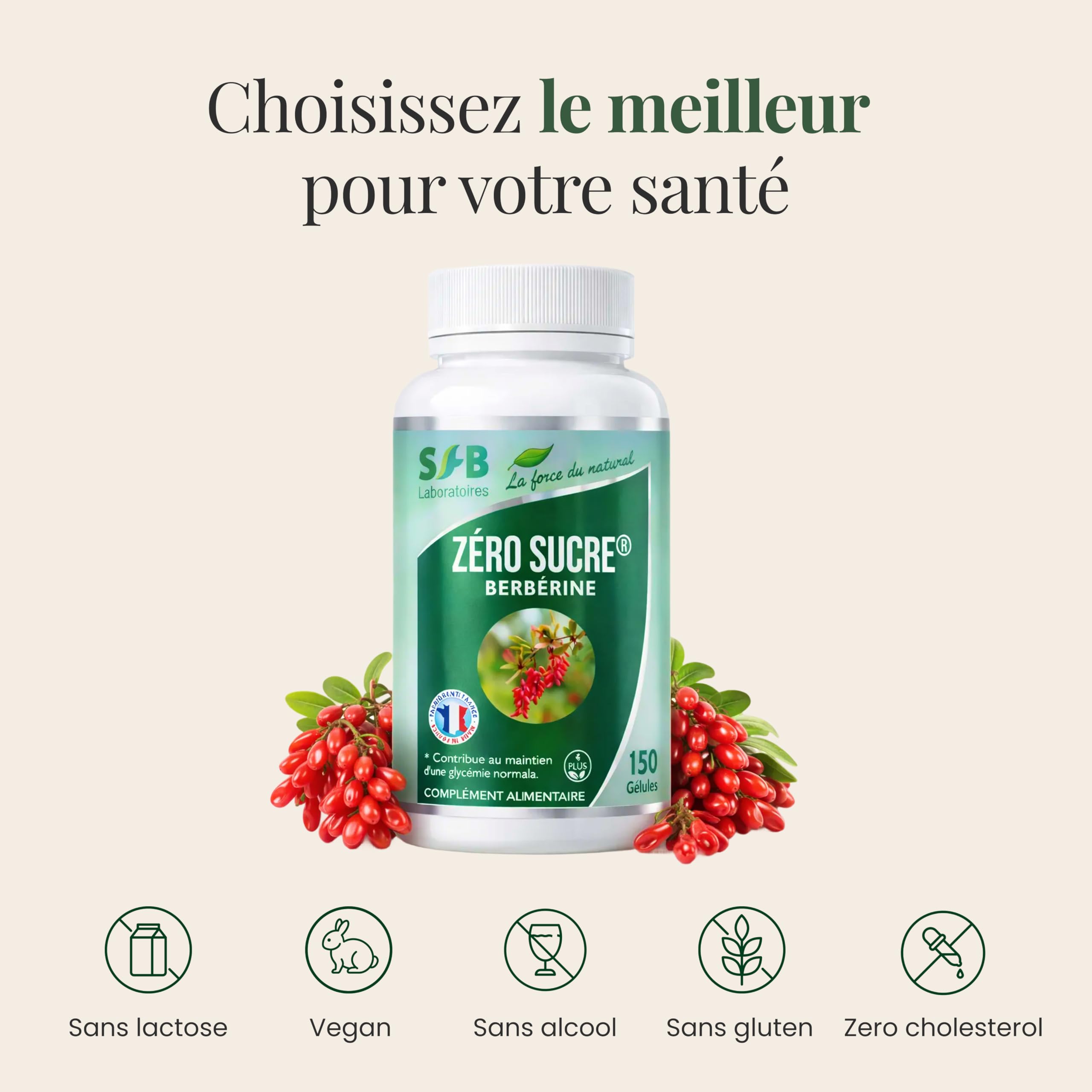 SFB Laboratoires Berbérine BIO 1200mg Haute Qualité, Chrome - Minceur et Régulation du Sucre, Soutient la Digestion & Métabolisme - Extrait Naturel - 3 mois traitement - 150 Gélules