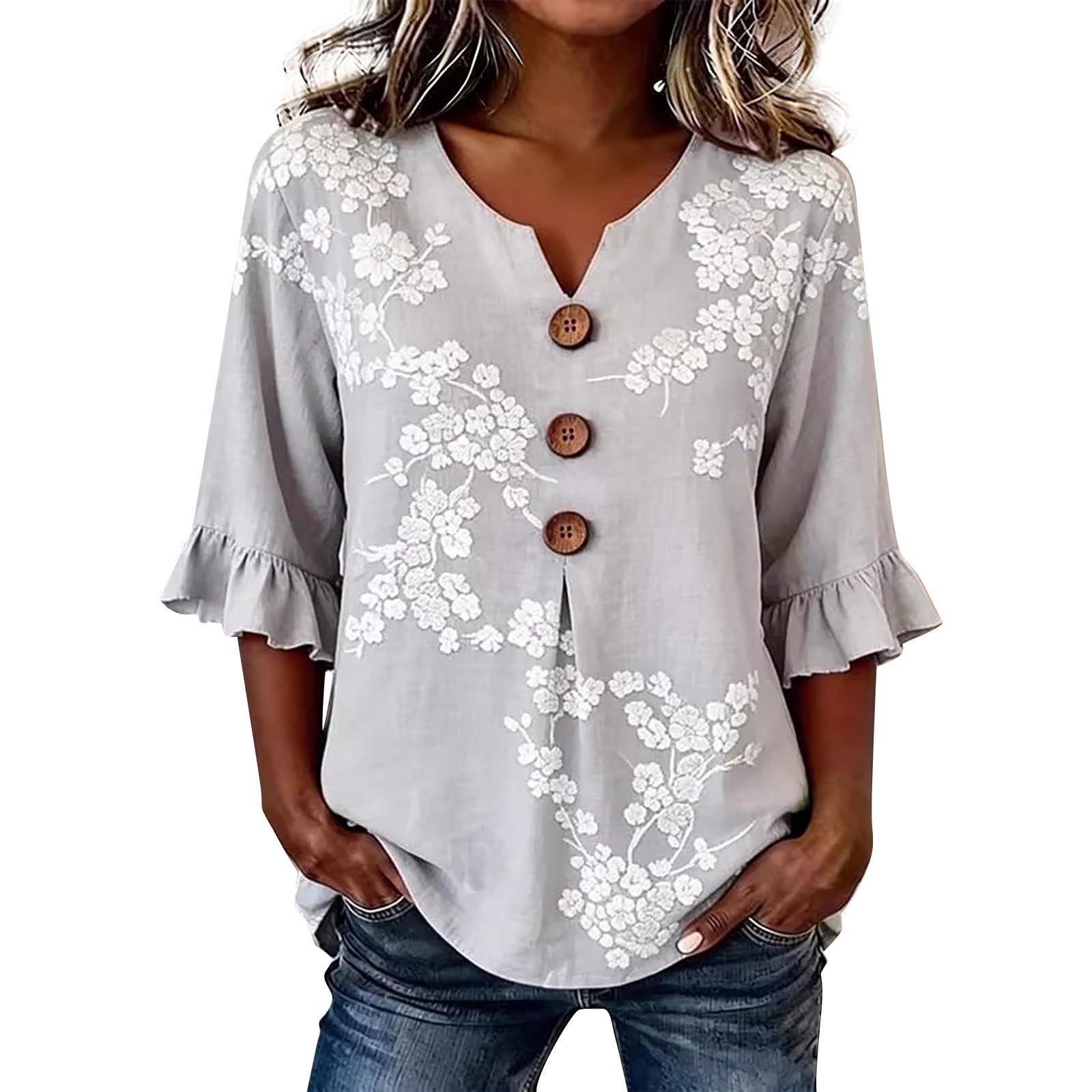 Chemise Femme Lin Coton Chic et Elégant Manche 3/4 Col V Boutonné Blouse Chemisier Haut Lâche Respirant D'Été à Manches Volantées à Imprimé Floral T-Shirts Bohème Top Léger Casual Ample de Plage