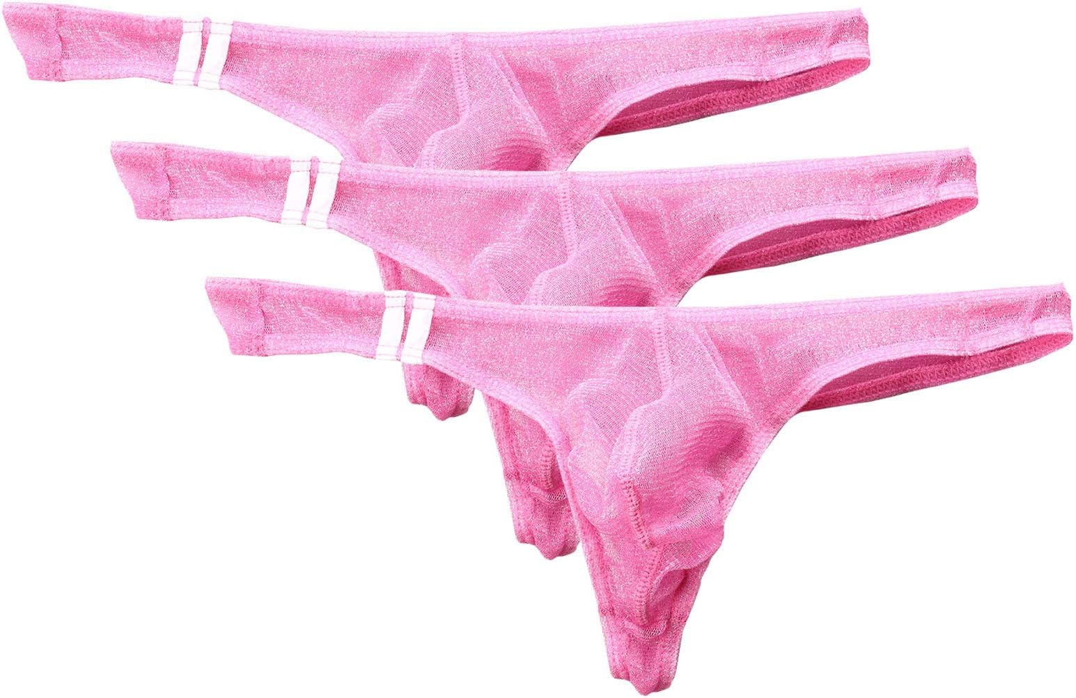 Men’s Pouch Lingerie Seamless Soft Thong Spandex Low Waist G String Underwear Lightweight Stretch Bulge Shorts Tongs 3 Pack Pink Size M