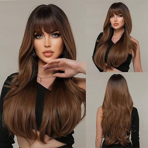 BLONDE UNICORN Peluca marrón degradado con flequillo pelucas sintéticas para mujer peluca larga ondulada en capas peluca de aspecto natural 24