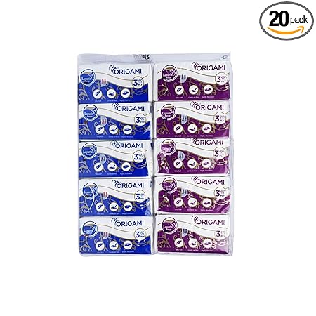 Origami 3 Ply Pocket Hanky Tissue Paper - Pack of 20 (10 Pulls Per Roll, 200 Sheets)