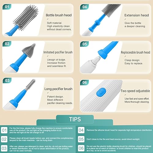 Miniatura 6 de Honboom - Cepillo eléctrico para biberones, limpiador de biberones, recargable, impermeable, de dos velocidades, modo de limpieza, cepillo de pezón