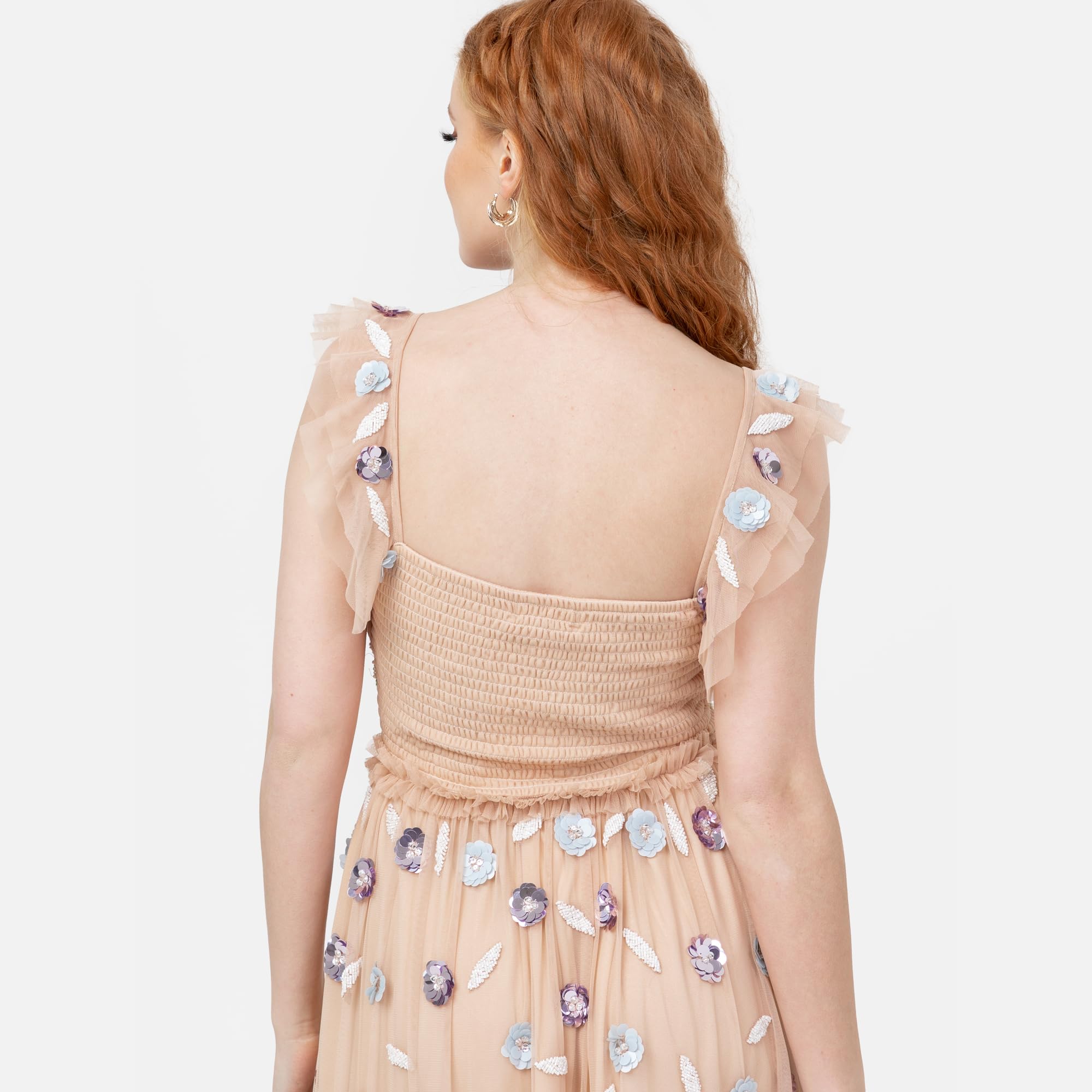 Maya Deluxe Damska sukienka Midaxi Ruffle Short Sleeve Square Neck Sequin Embellished Shirred Back Frills A-line Wedding Guest Nude 42, nude, 42