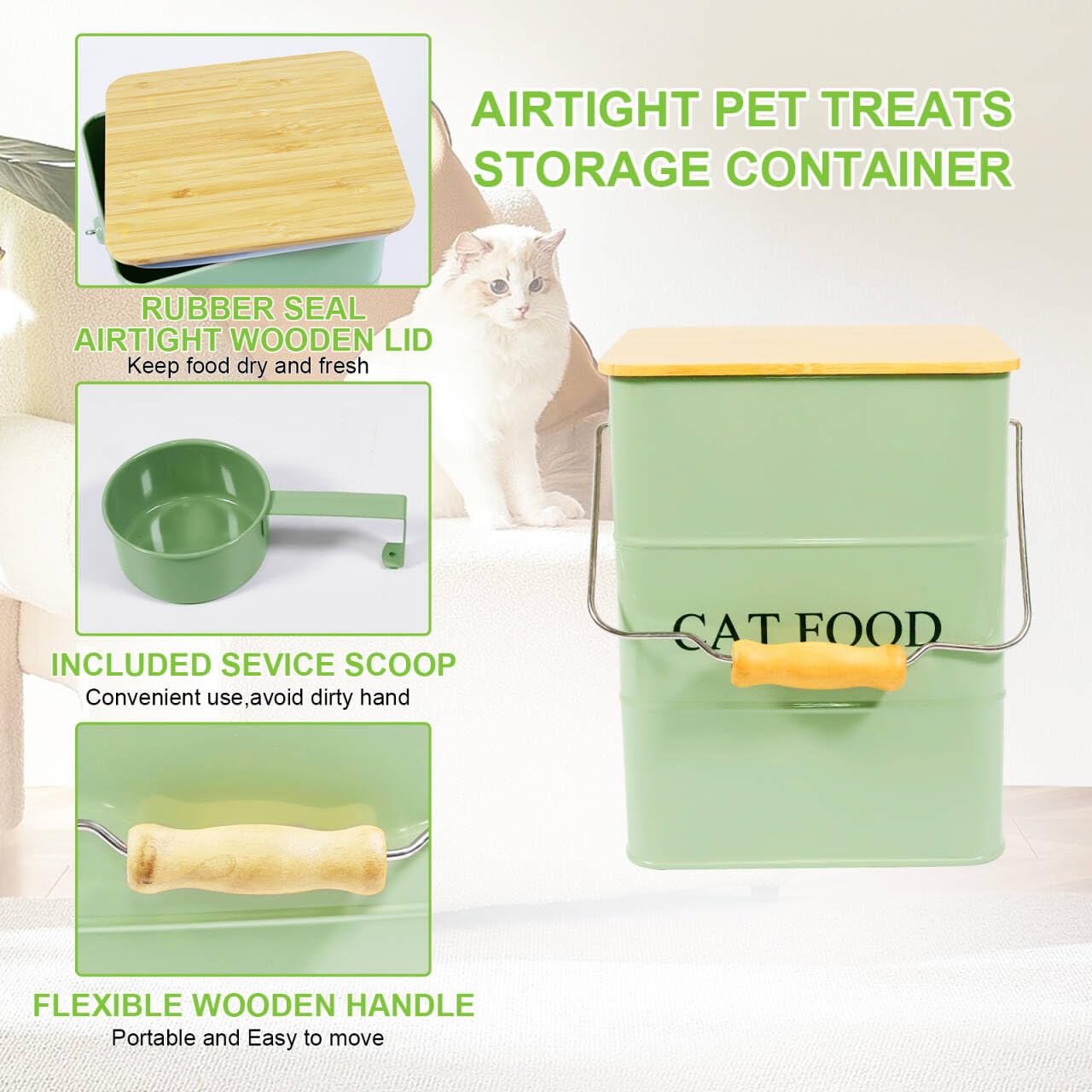 Geyecete Metal - Contenedor de croqueta para gatos (6 L, cajas para alimentos y golosinas, animales y herméticos, madera, tapas de acero al carbono revestidas, – Croqueta de gato con mango verde