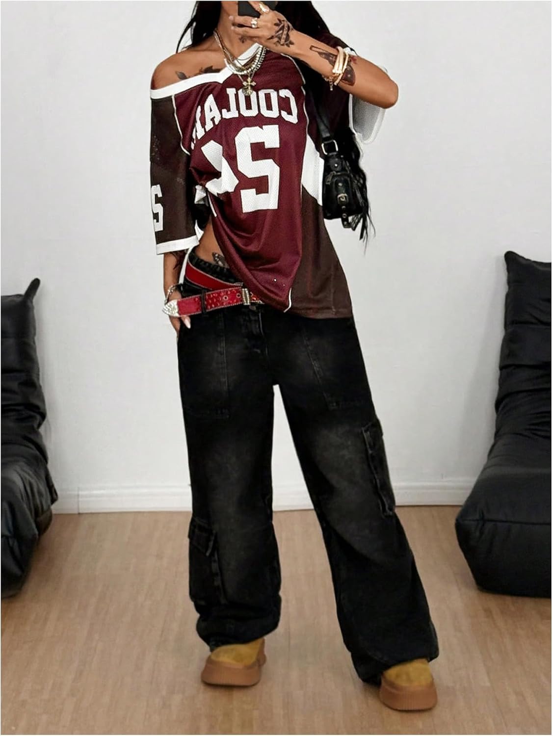 MakeMeChic Women's Football Jersey Shirt Graphic Tee Oversized Off The Shoulder Half Sleeve Sports Tops - Image 4