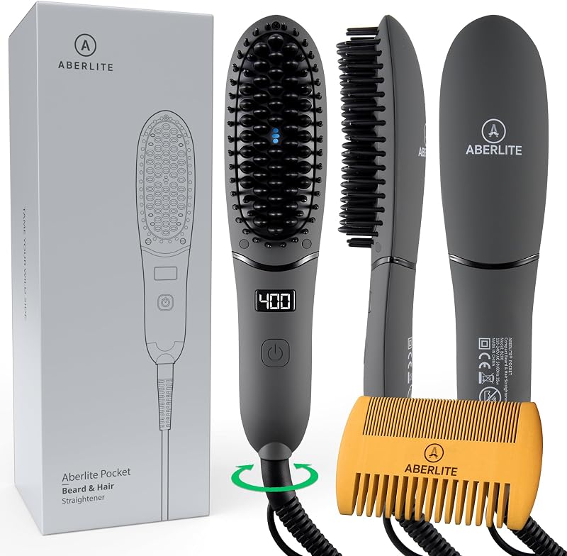 Pocket - Alisador de barba compacto para hombres - Tecnología iónica y antiescaldaduras - Peine con cepillo térmico para alisar la barba iónico - para el hogar y los viajes