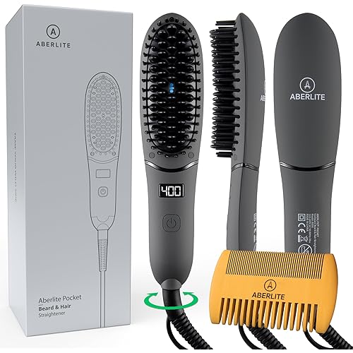 Aberlite Pocket - Compact Beard Straightener for Men - Ionic & Anti-Scald Technology - Beard Straightening Heat Brush Comb Ionic - for Home and Travel