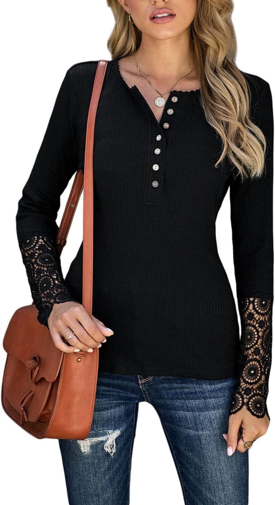 N\BNB Women Ribbed Slim Knitwear Tunic Long Sleeves Lace T-Shirts V Neck Button Henley Shirts Casual Blouses (Black, X-Large)